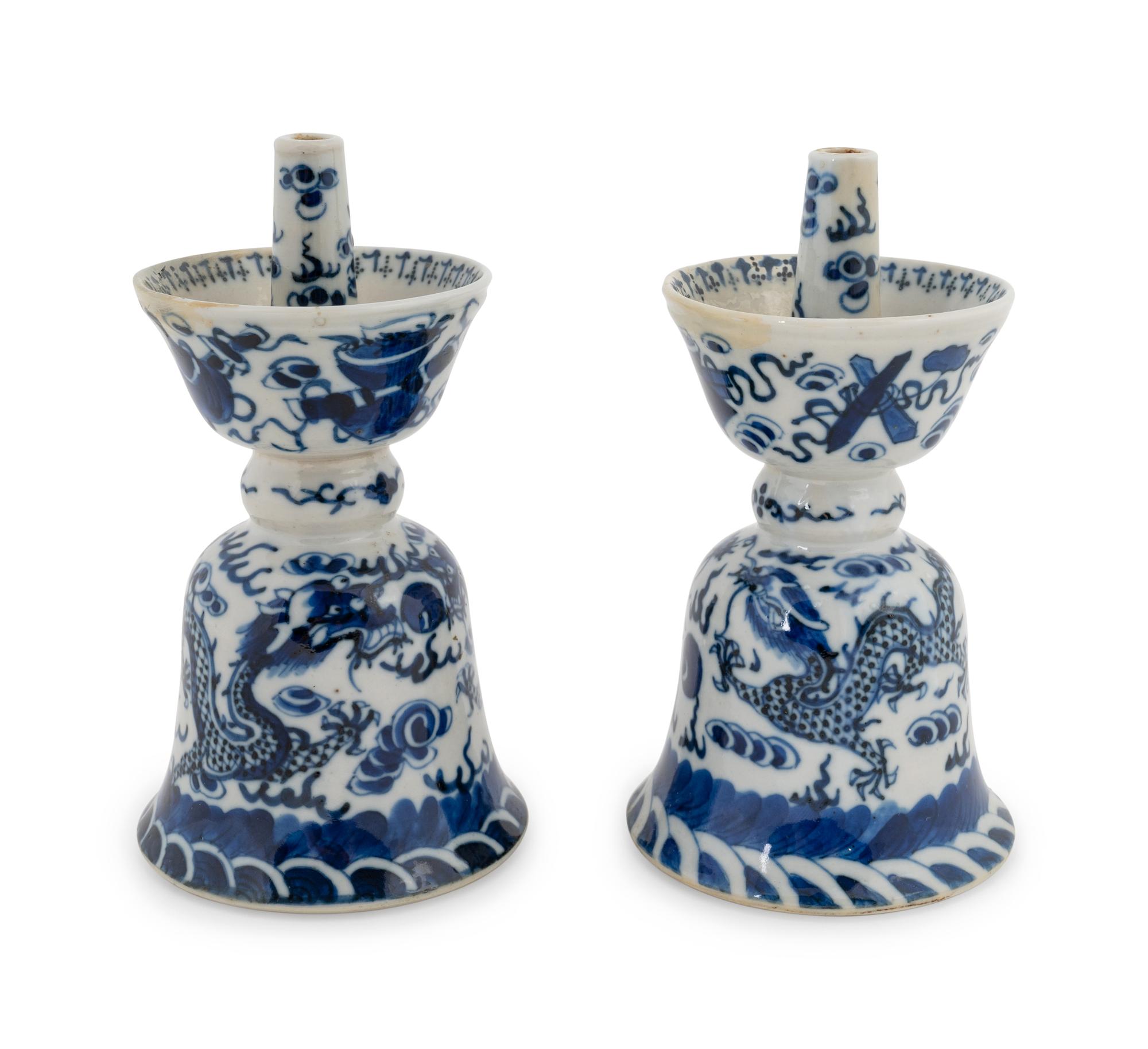 A Pair of Chinese Blue and White Porcelain Candle Holders — 19TH CENTURY