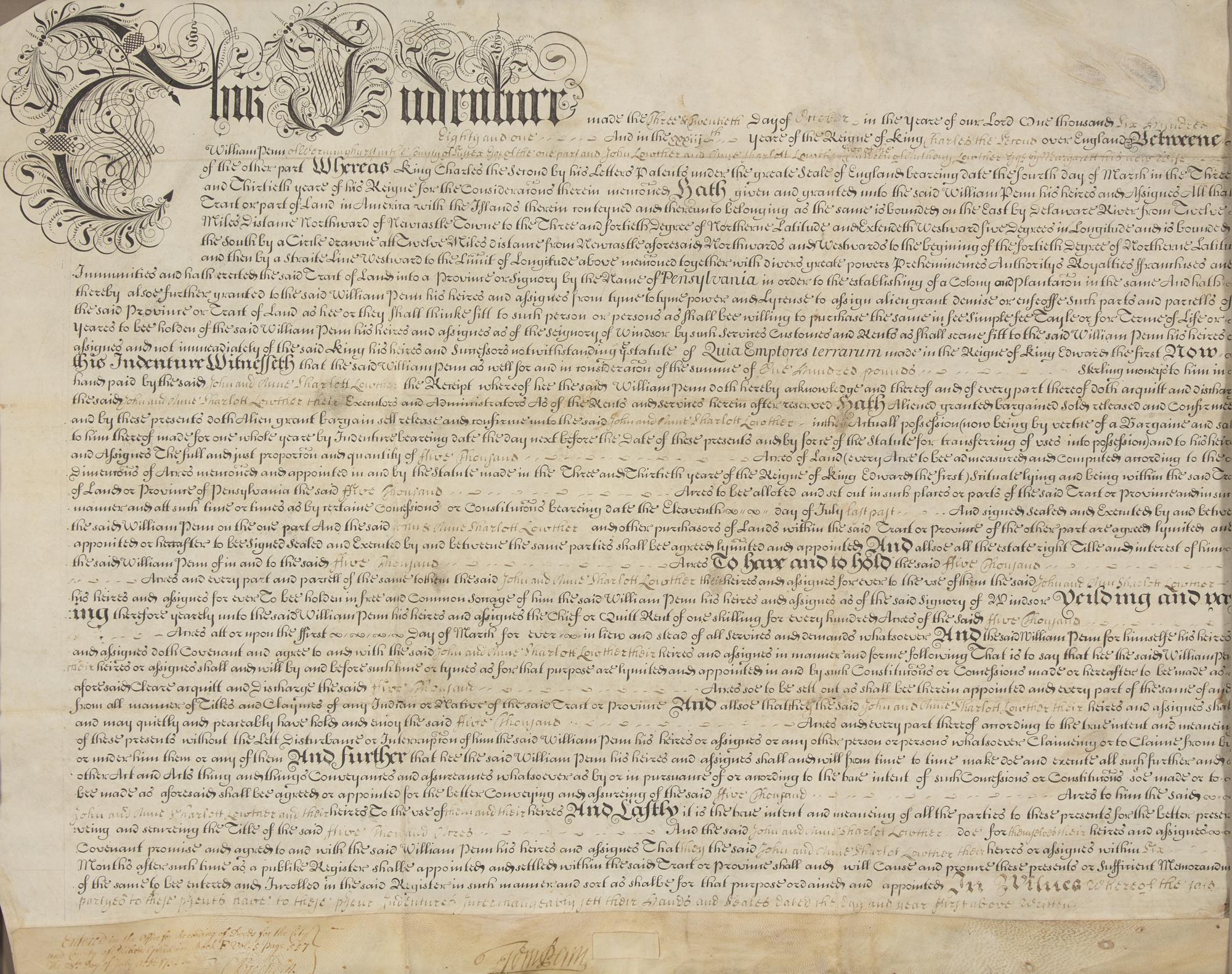 [Philadelphia] Penn, William. Partially-Printed Document, signed