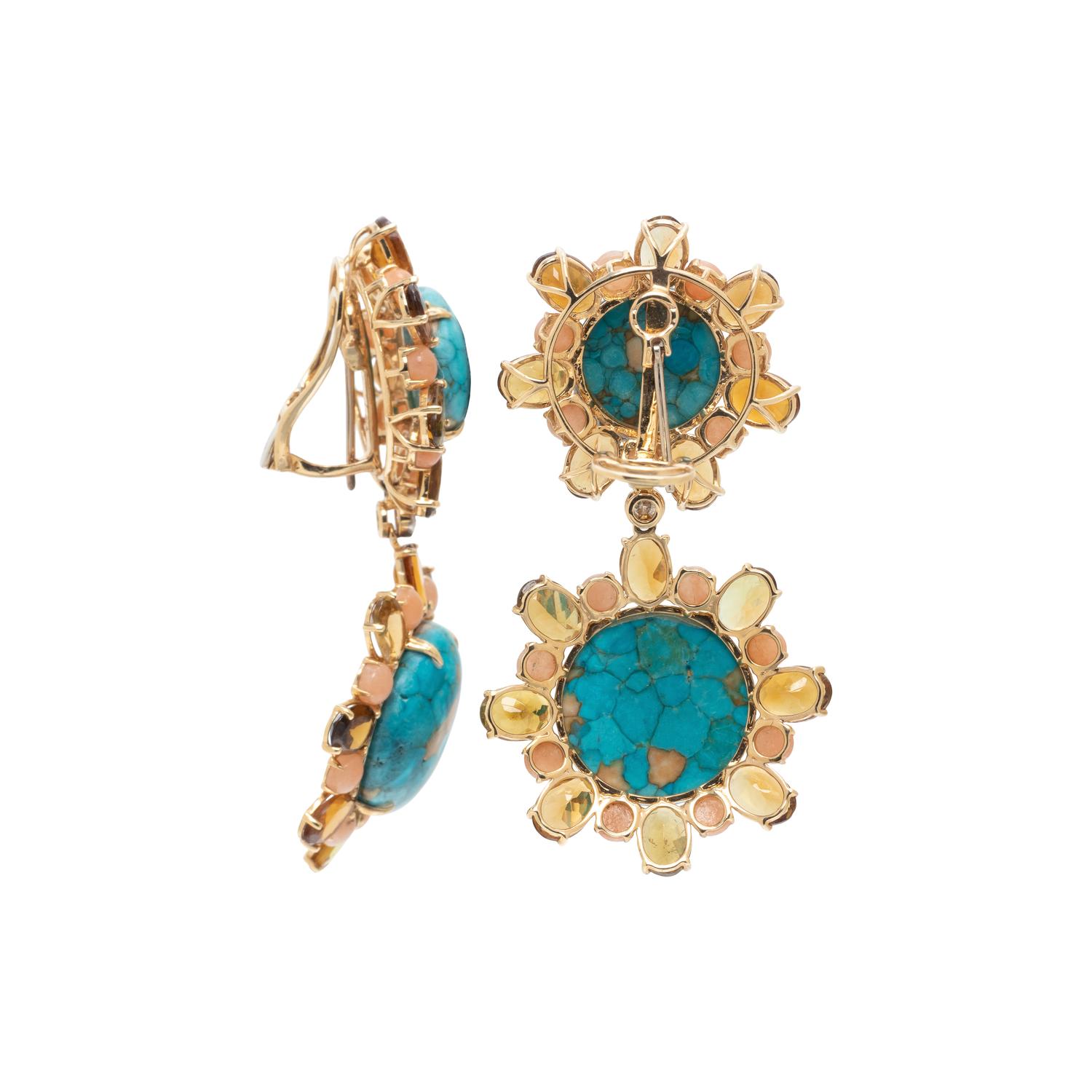 YELLOW GOLD, TURQUOISE, DIAMOND AND GEMSTONE EARCLIPS