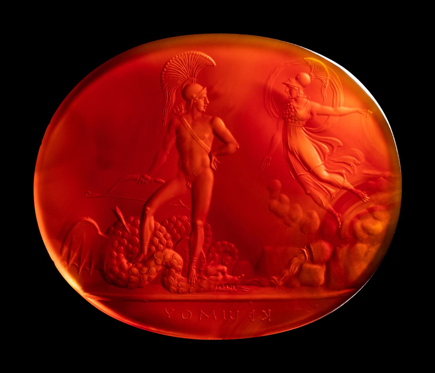 A Neoclassical Carnelian Intaglio with Minerva and Cadmus Sowing the Dragon's Teeth