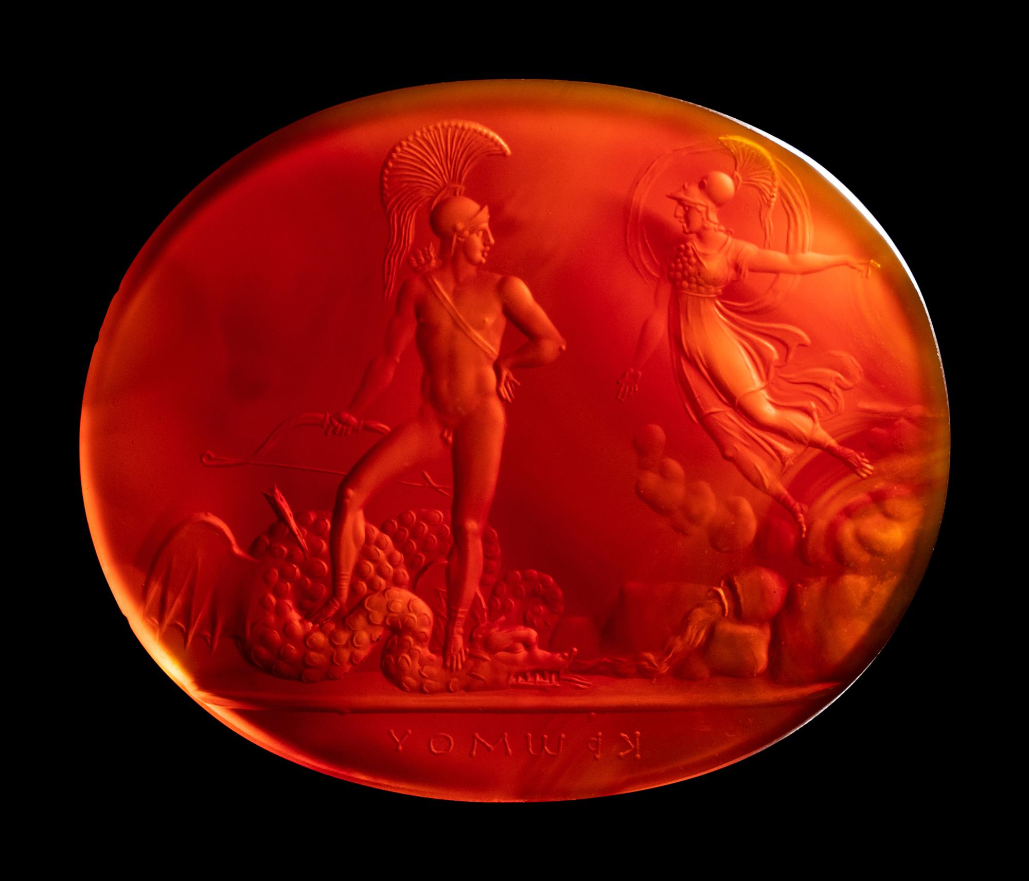 A Neoclassical Carnelian Intaglio with Minerva and Cadmus Sowing the Dragon's Teeth