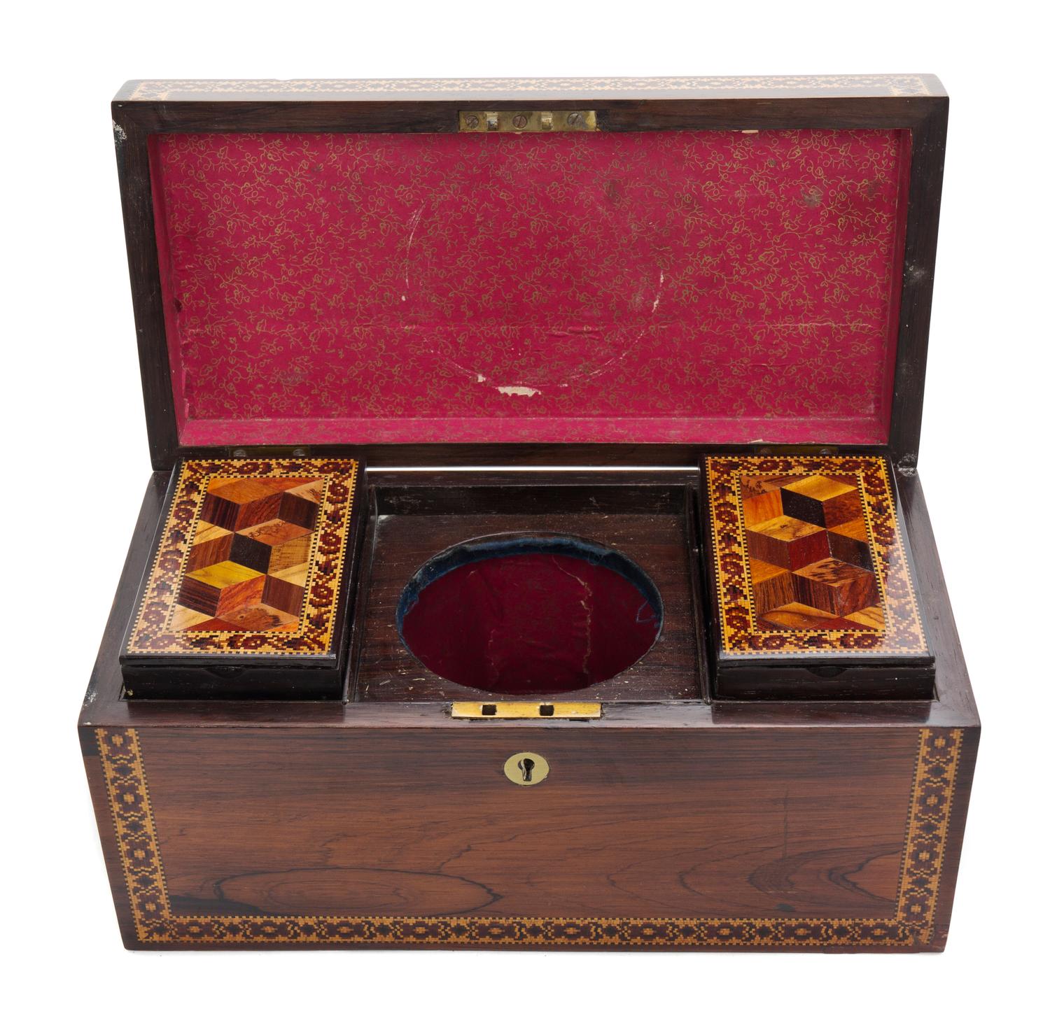 A Victorian Tunbridge Inlaid Rosewood Tea Caddy, Width 12 inches.