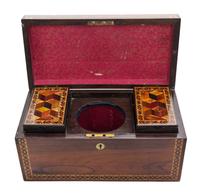 A Victorian Tunbridge Inlaid Rosewood Tea Caddy, Width 12 inches.