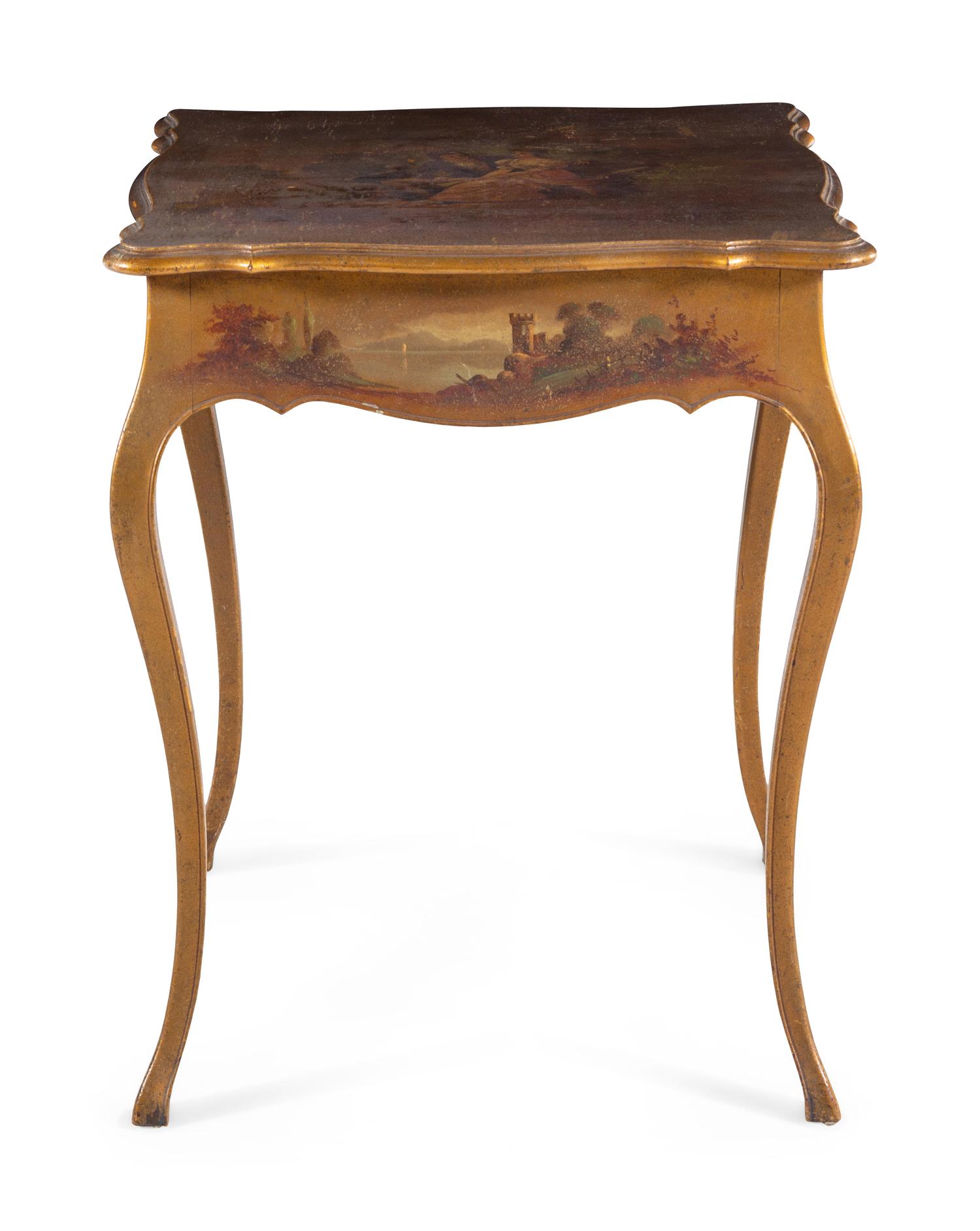 A Louis XV/XVI Style Gilt and Polychrome Painted Table