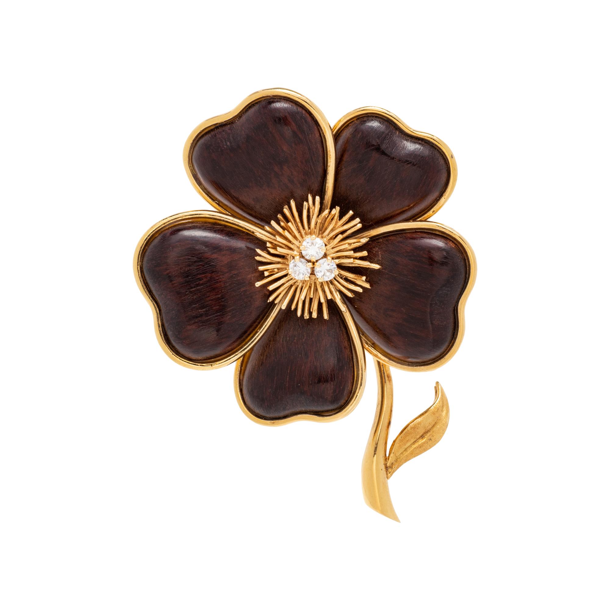VAN CLEEF & ARPELS, WOOD AND DIAMOND 'NERVAL' BROOCH