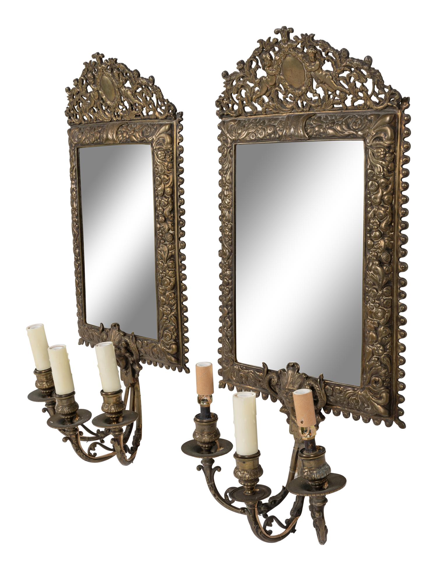 A Pair of Neoclassical Bronze Three-Light Girandole Mirrors
