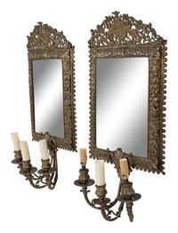 A Pair of Neoclassical Bronze Three-Light Girandole Mirrors