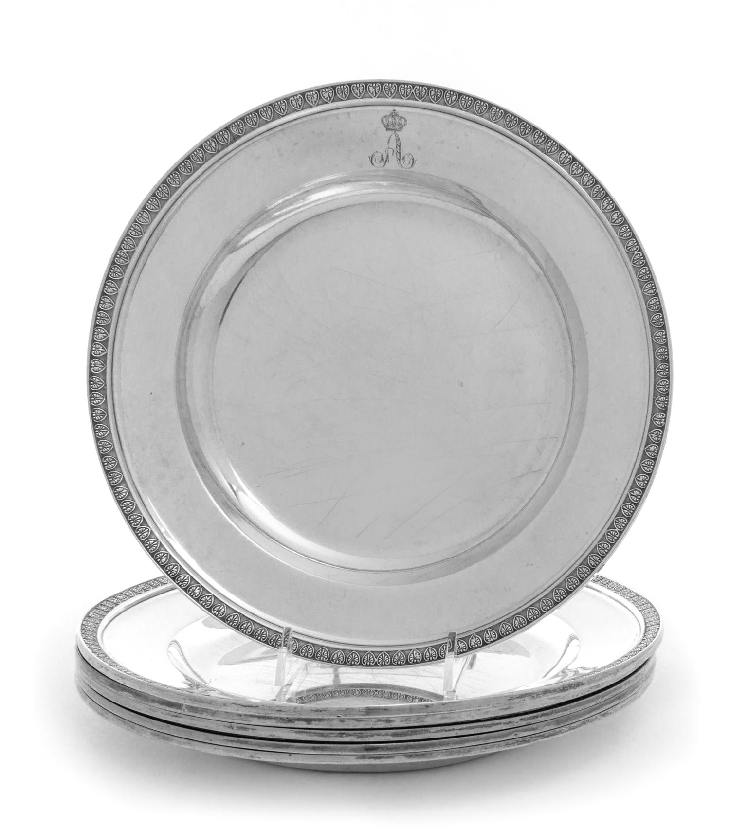 A Set of Six German Silver Plates, Johann Christian Sick, Stuttgart, Early 19th Century, each with an anthemion border and engraved scr
