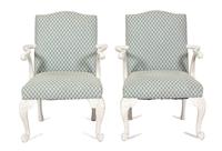 A Pair of George III Style Carved White Painted Open Armchairs Height 44 x width 26 x depth 24 inches. — 20TH CENTURY