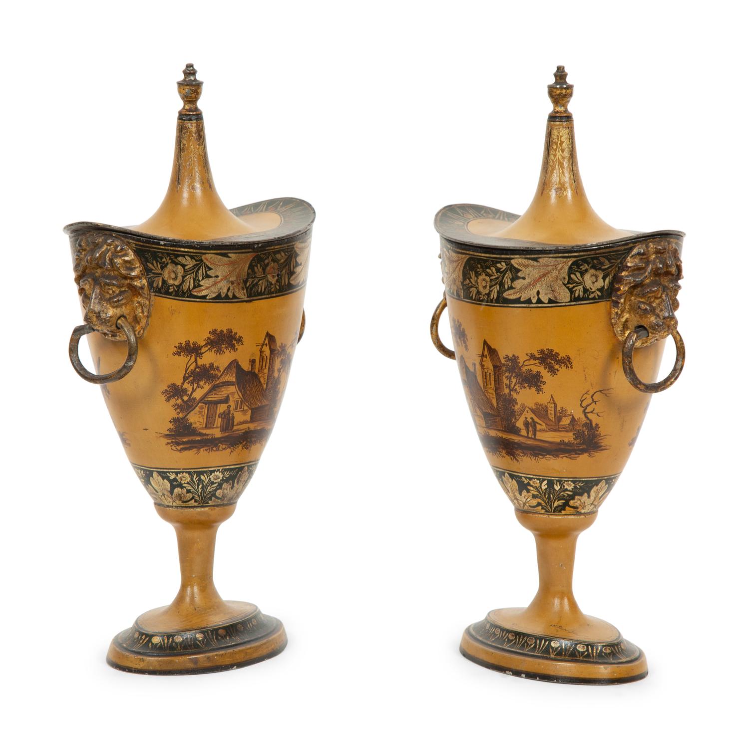 A Pair of Continental Tole Peinte Chestnut Urns