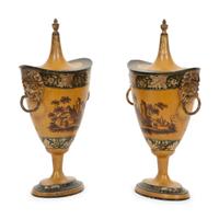 A Pair of Continental Tole Peinte Chestnut Urns