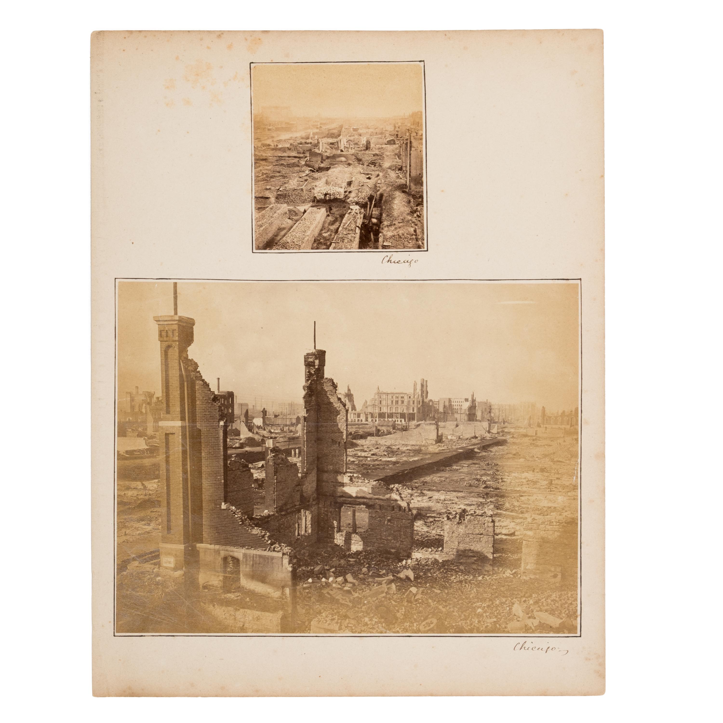 [Chicago Fire]. A collection of approx. 80 CDVs, cabinet cards, albumen prints, and glass slides taken after the Chicago Fire of 1871.