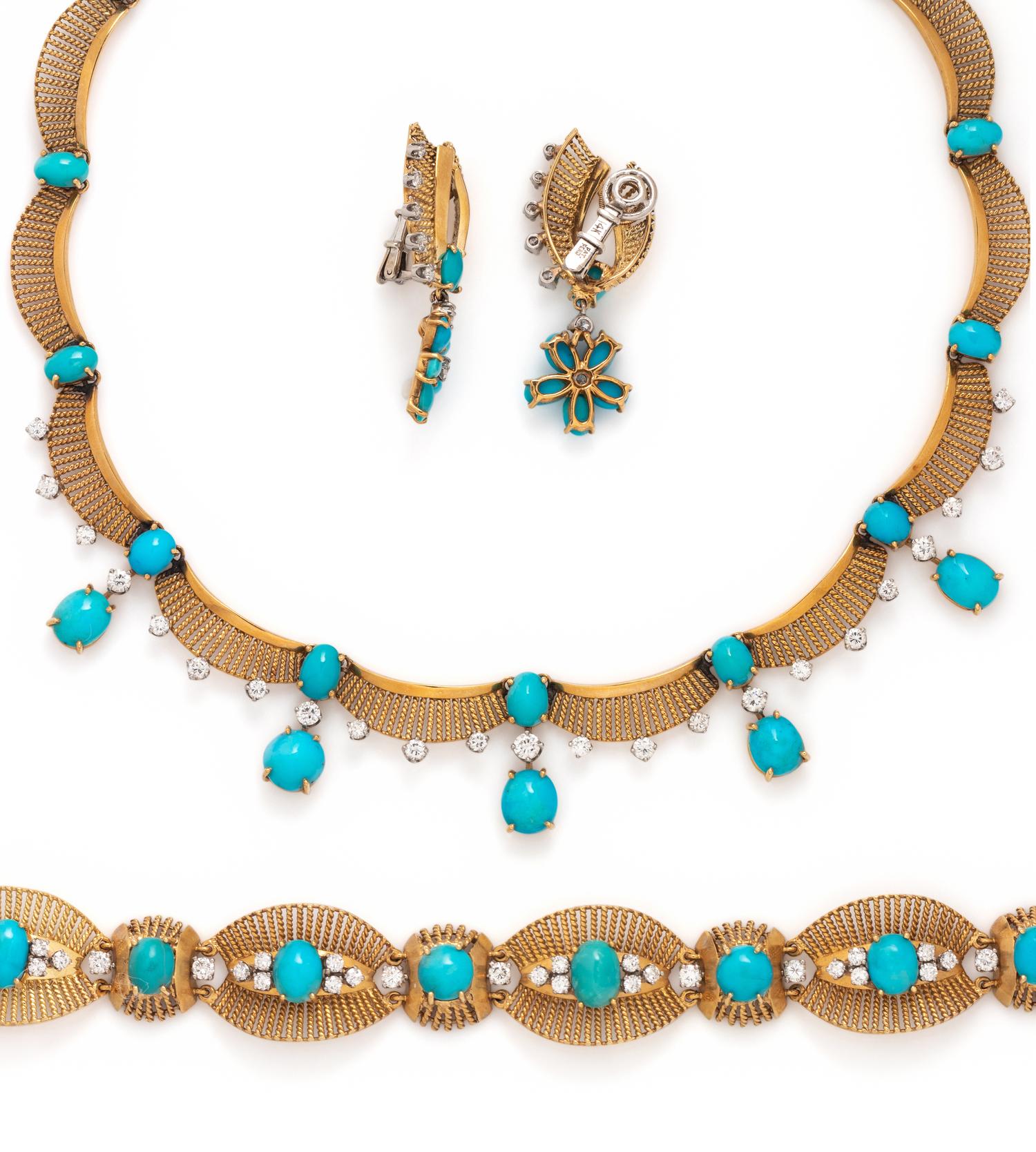 YELLOW GOLD, TURQUOISE AND DIAMOND SET