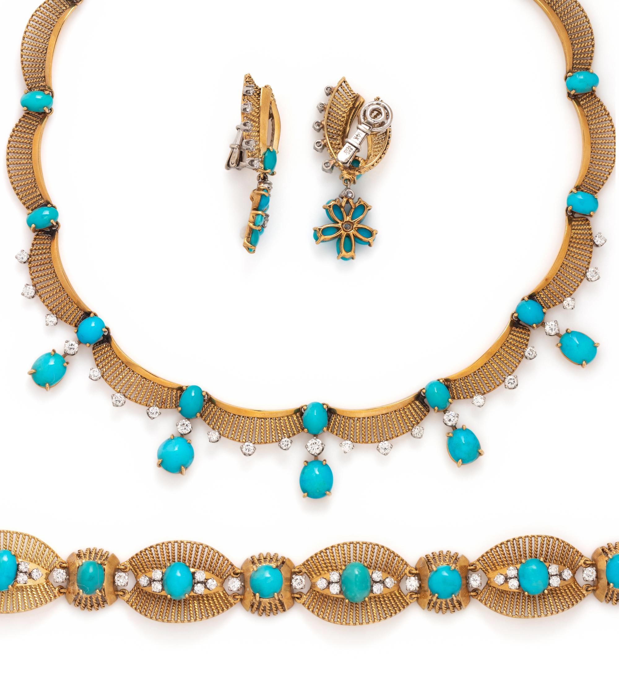 YELLOW GOLD, TURQUOISE AND DIAMOND SET
