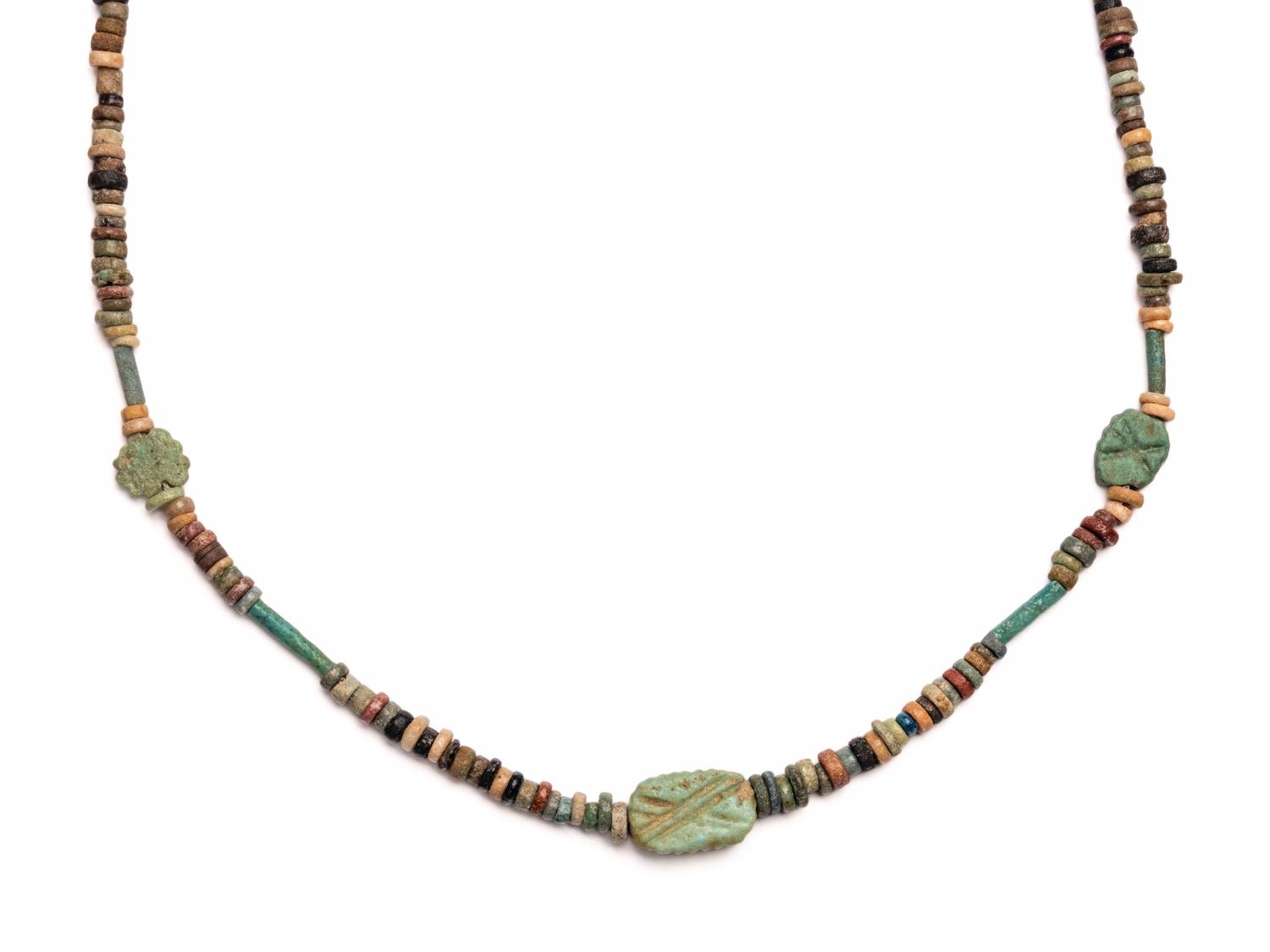 Two Egyptian Carnelian, Bead, and Faience Necklaces