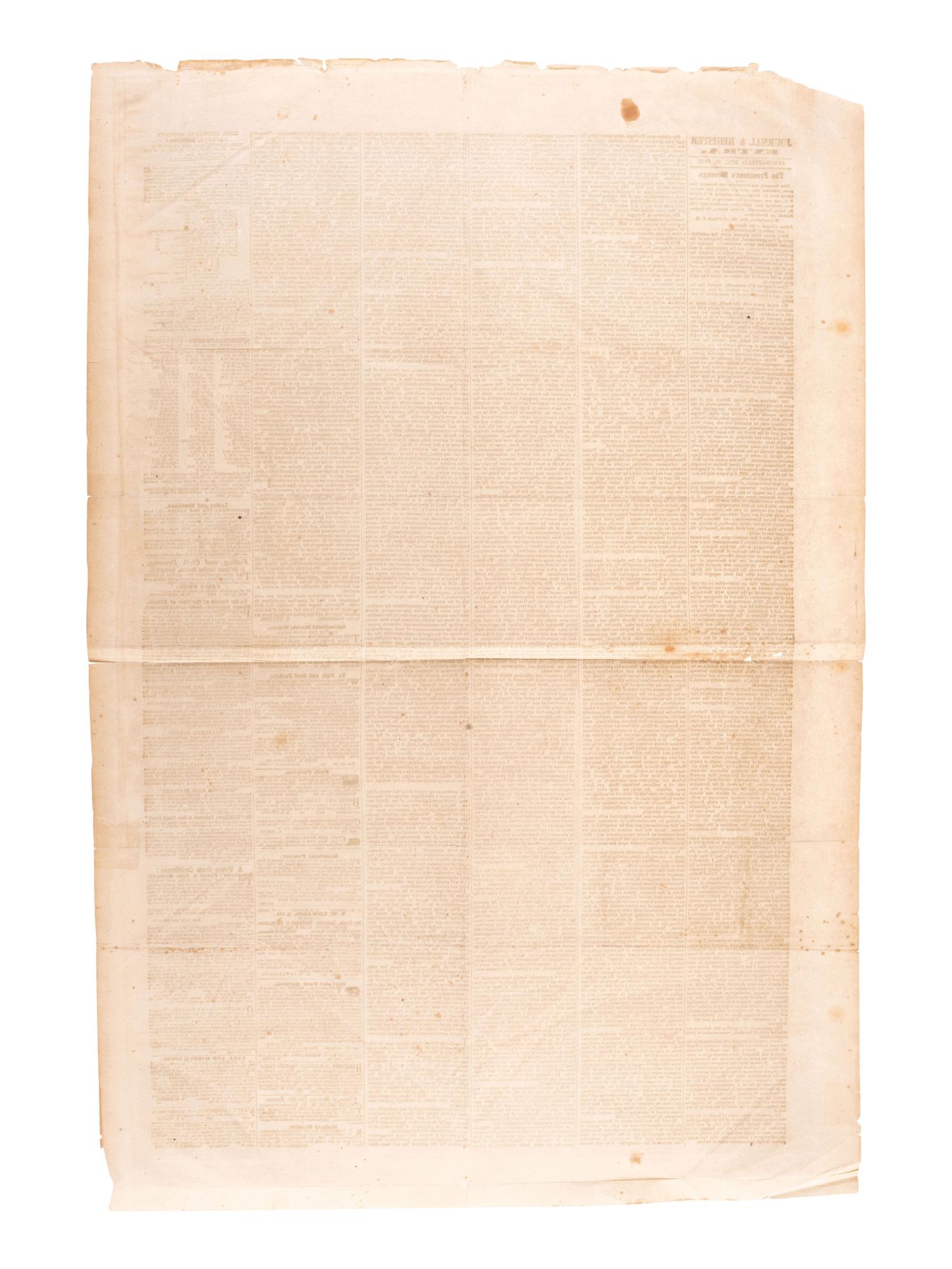 [TAYLOR, Zachary (1784-1850)] -- [CALIFORNIA GOLD RUSH]. Journal & Register Extra . Springfield, IL, 25 December 1849. Broadside featuring President Zachary Taylor's message to the country incl. California content.