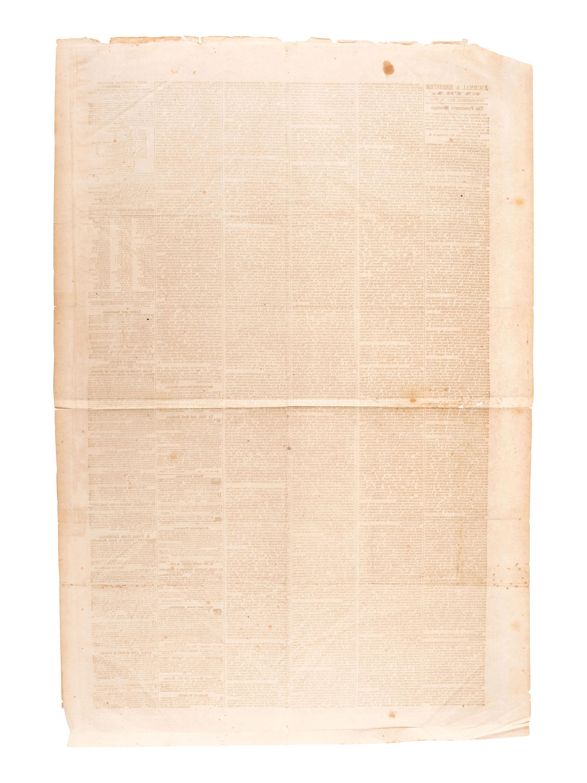 [TAYLOR, Zachary (1784-1850)] -- [CALIFORNIA GOLD RUSH]. Journal & Register Extra . Springfield, IL, 25 December 1849. Broadside featuring President Zachary Taylor's message to the country incl. California content.
