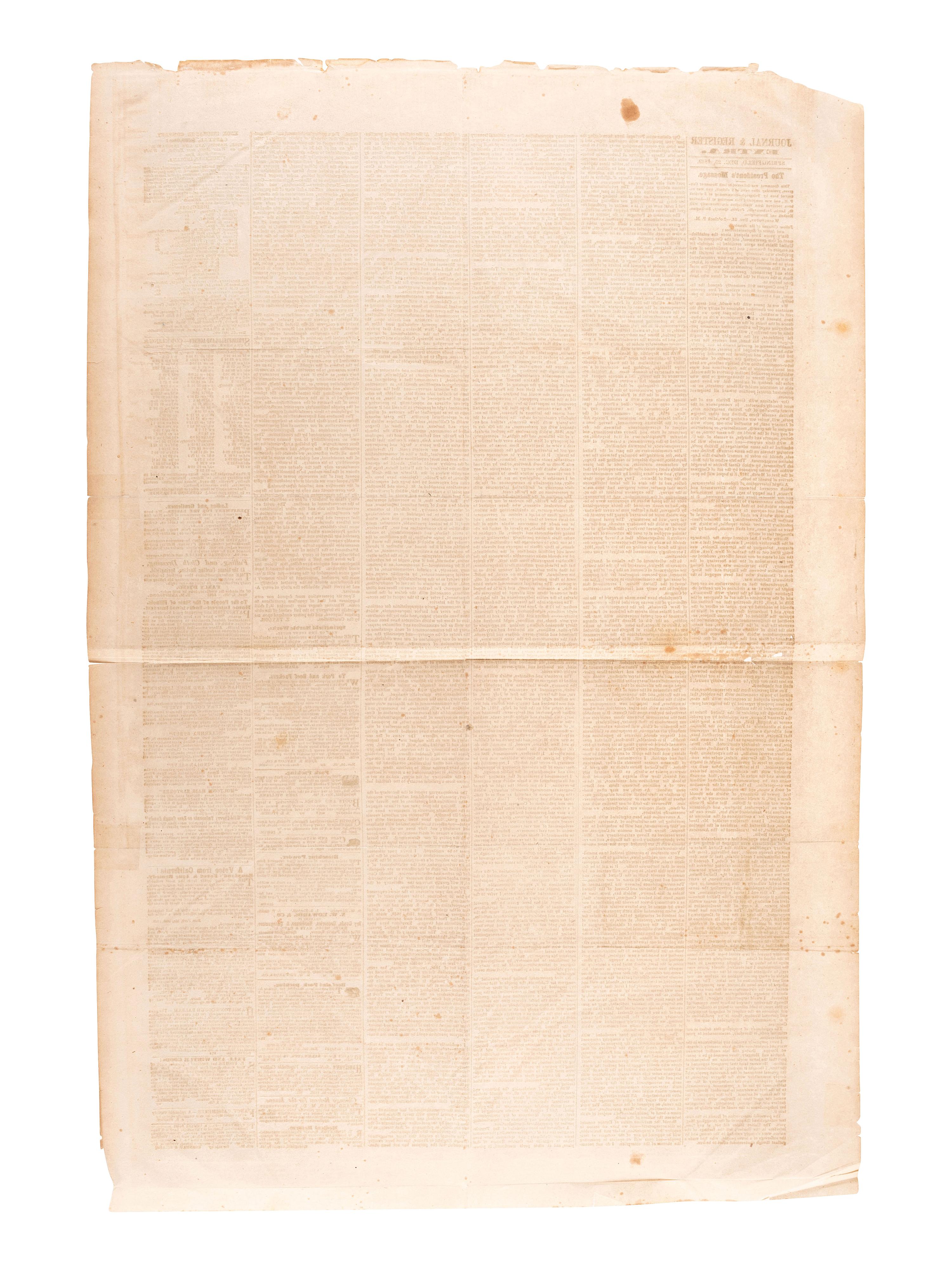 [TAYLOR, Zachary (1784-1850)] -- [CALIFORNIA GOLD RUSH]. Journal & Register Extra . Springfield, IL, 25 December 1849. Broadside featuring President Zachary Taylor's message to the country incl. California content.