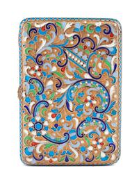 A Russian Enameled Silver Cigarette Case, Mark of Grigory Sbitnev, Moscow, Late 19th/Early 20th Century, the case worked to show polych