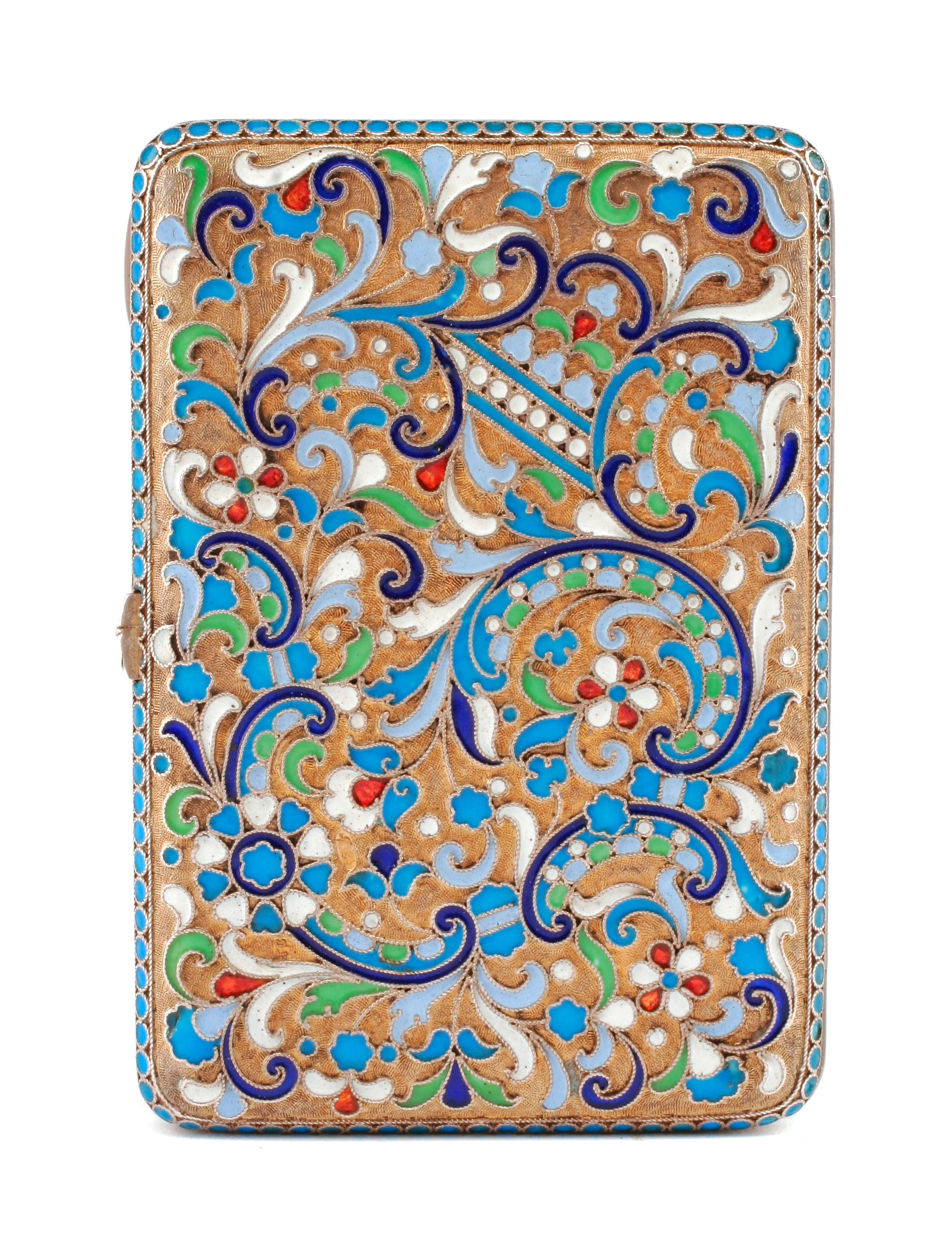 A Russian Enameled Silver Cigarette Case, Mark of Grigory Sbitnev, Moscow, Late 19th/Early 20th Century, the case worked to show polych