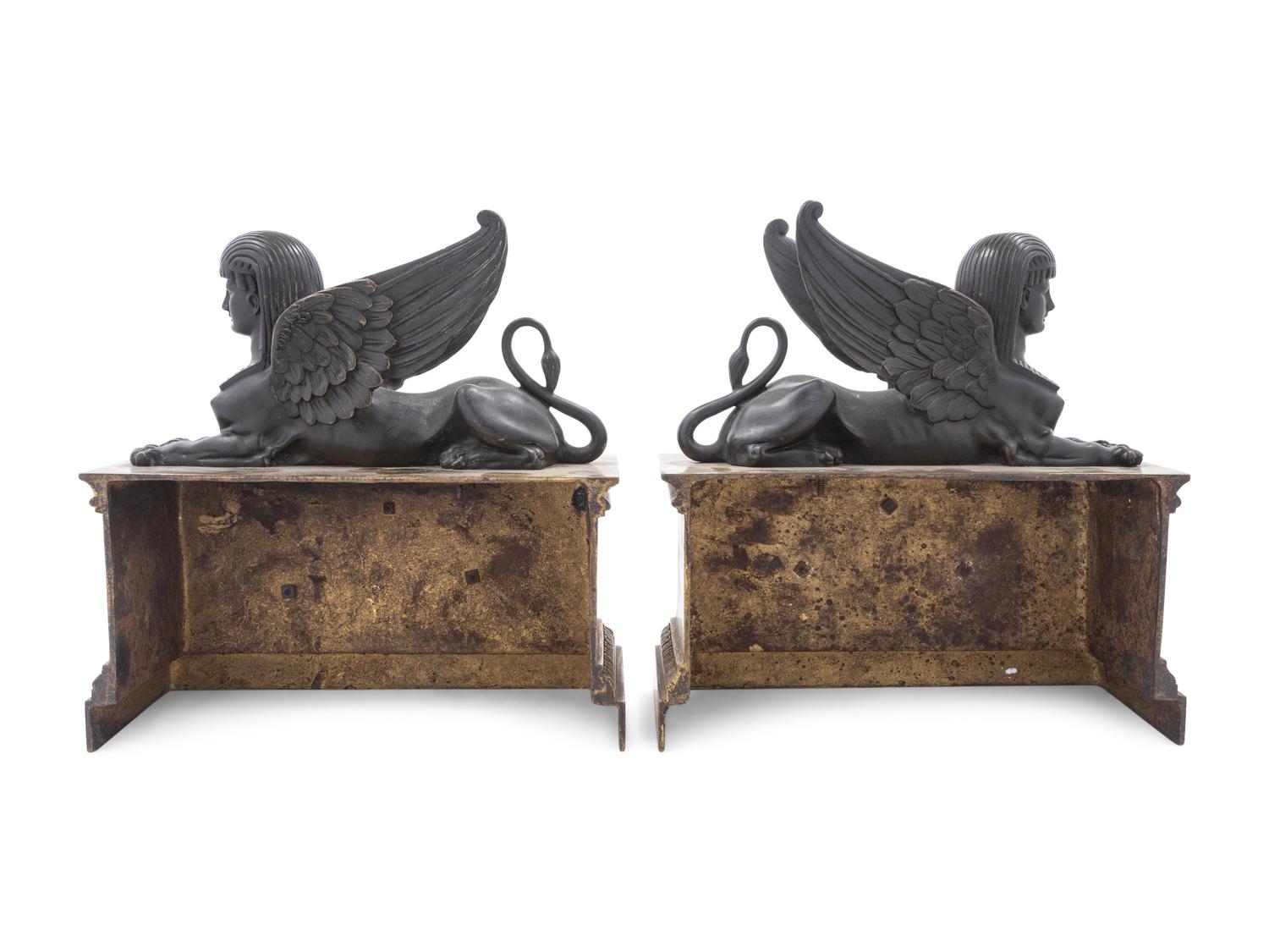 A Pair of Empire Gilt and Patinated Bronze Sphinx Ornaments