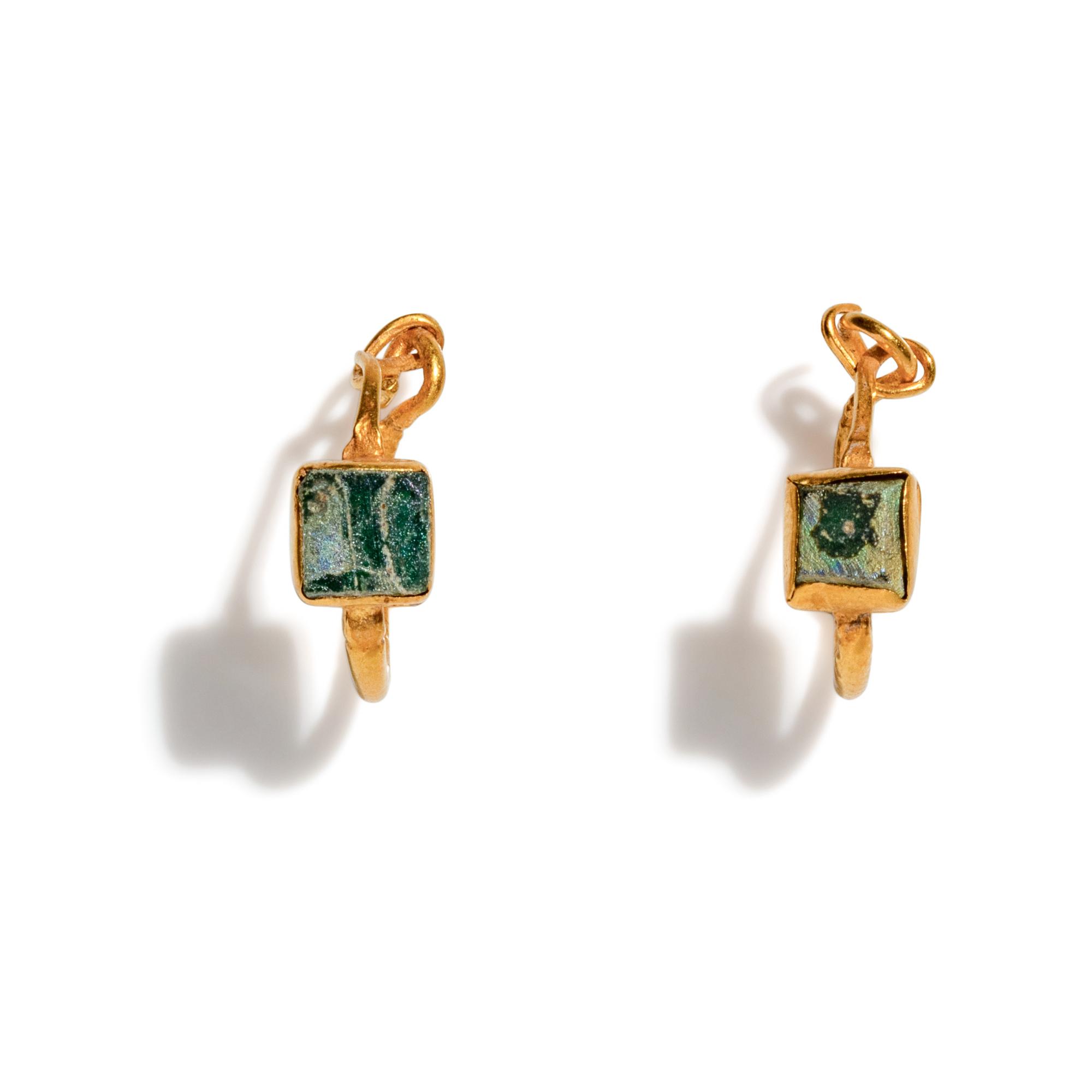 A Pair of East Roman Gold and Green Glass Earrings