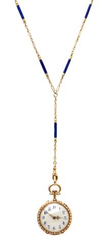 An Edwardian Yellow Gold, Diamond, Seed Pearl and Polychrome Enamel Lavalier Pendant Watch, 16.60 dwts.
