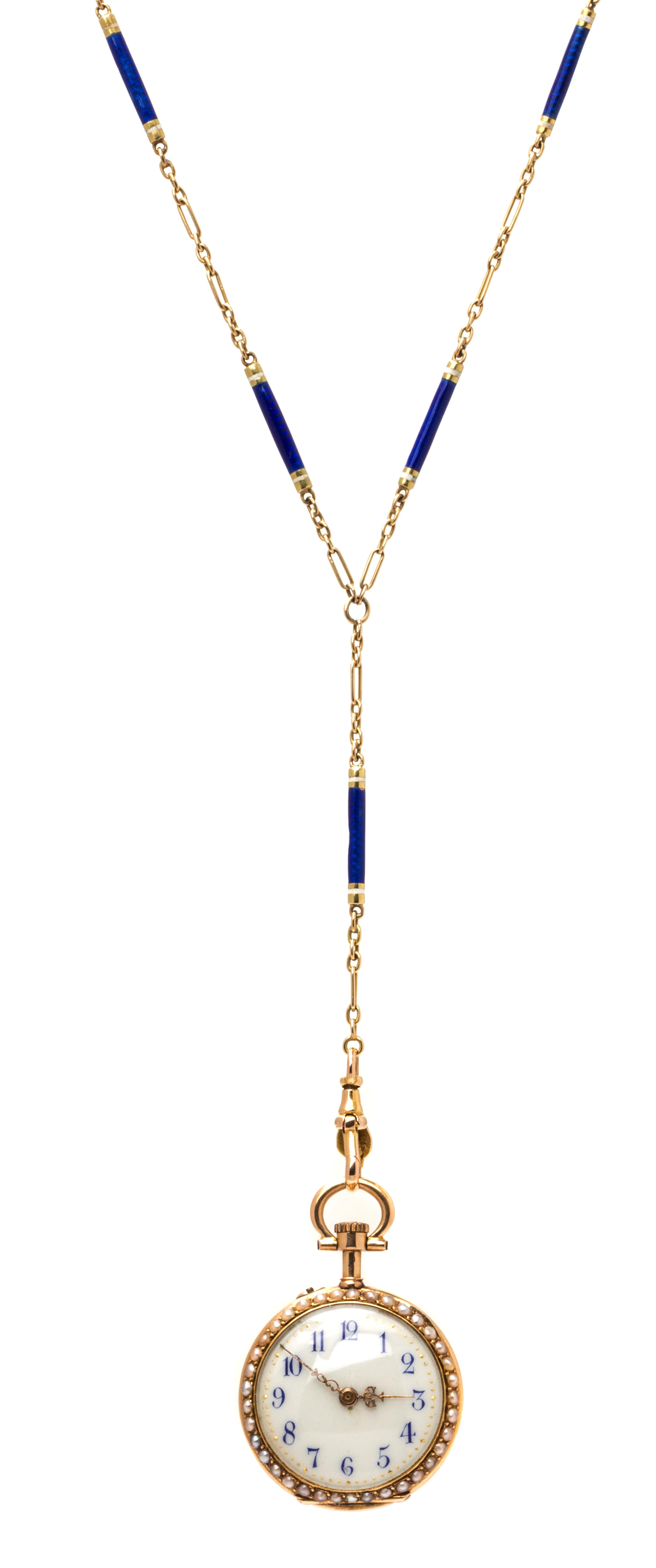 An Edwardian Yellow Gold, Diamond, Seed Pearl and Polychrome Enamel Lavalier Pendant Watch, 16.60 dwts.