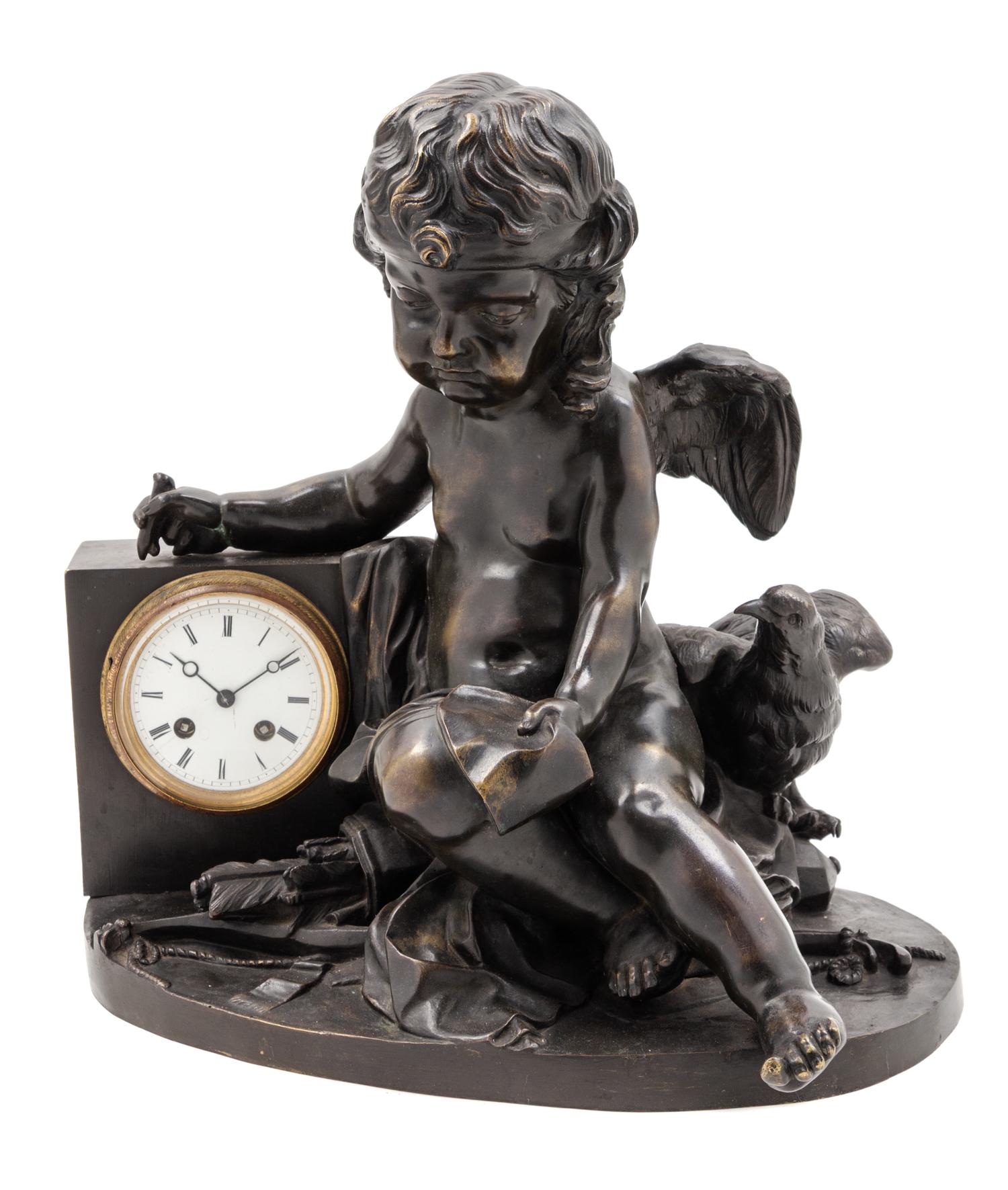 A Continental Bronze Figural Mantel Clock Height 16 1/4 x width 16 1/2 inches. — 19TH CENTURY
