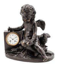 A Continental Bronze Figural Mantel Clock Height 16 1/4 x width 16 1/2 inches. — 19TH CENTURY