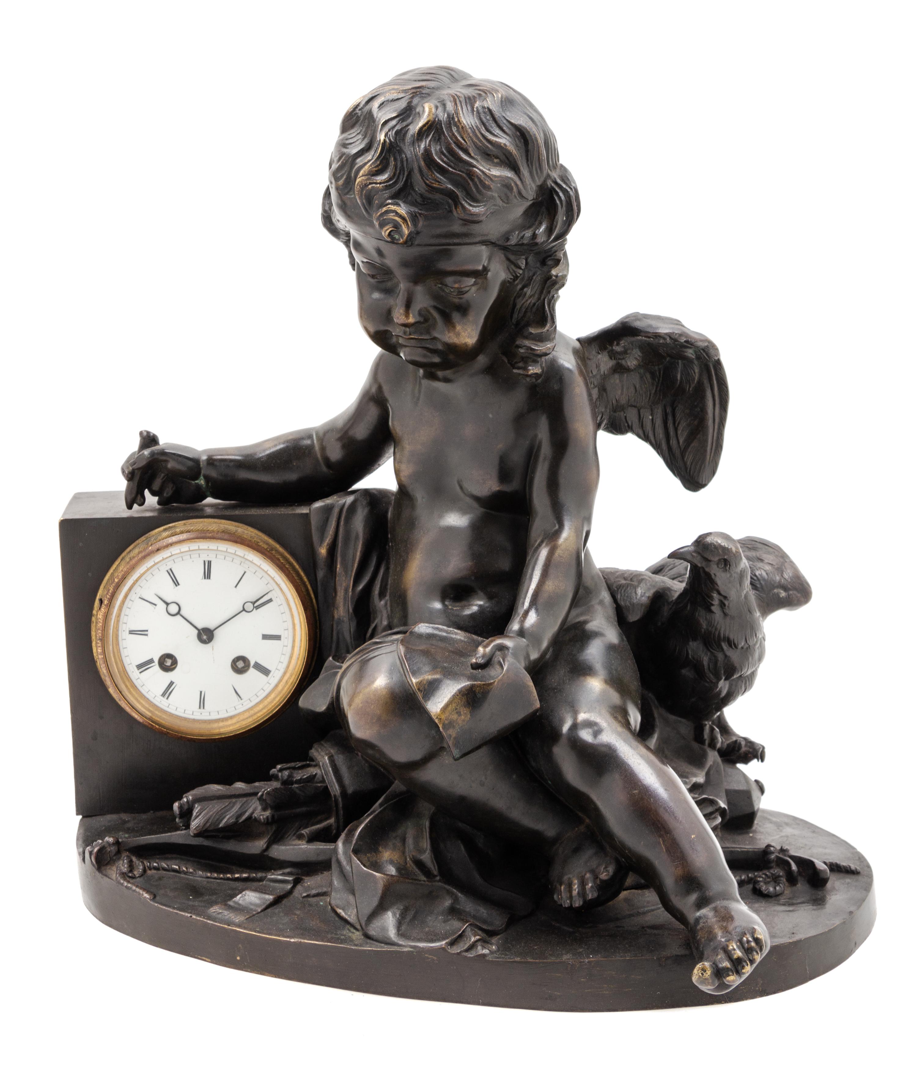 A Continental Bronze Figural Mantel Clock Height 16 1/4 x width 16 1/2 inches. — 19TH CENTURY