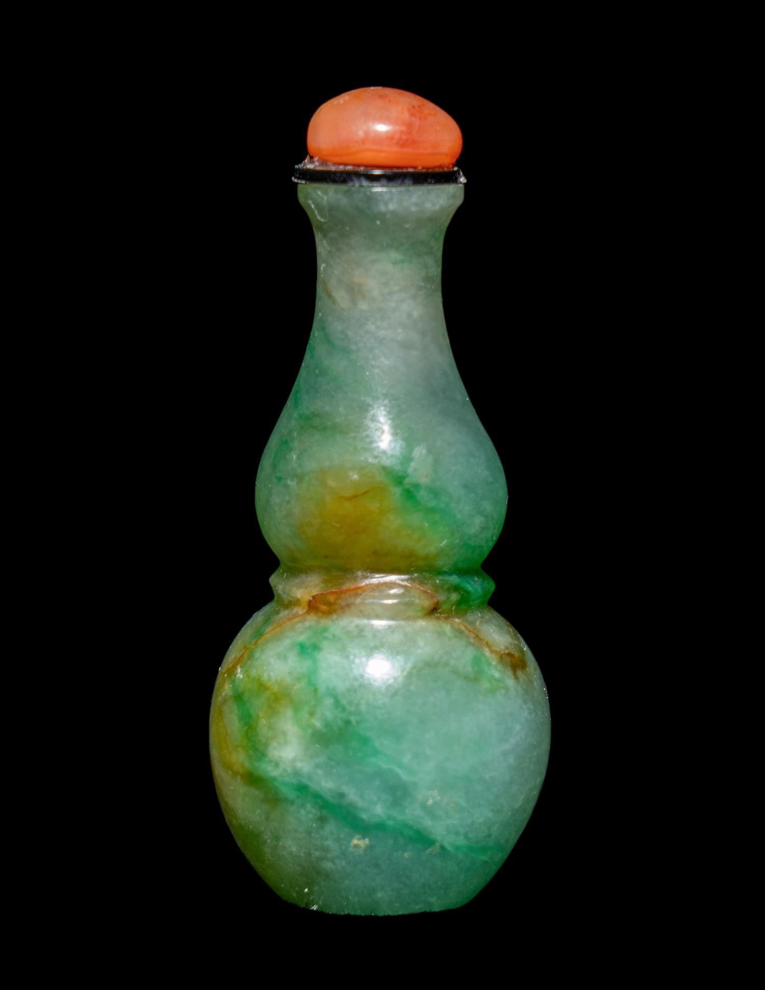 A Chinese Apple Green and Celadon Jadeite Gourd-Form Snuff Bottle