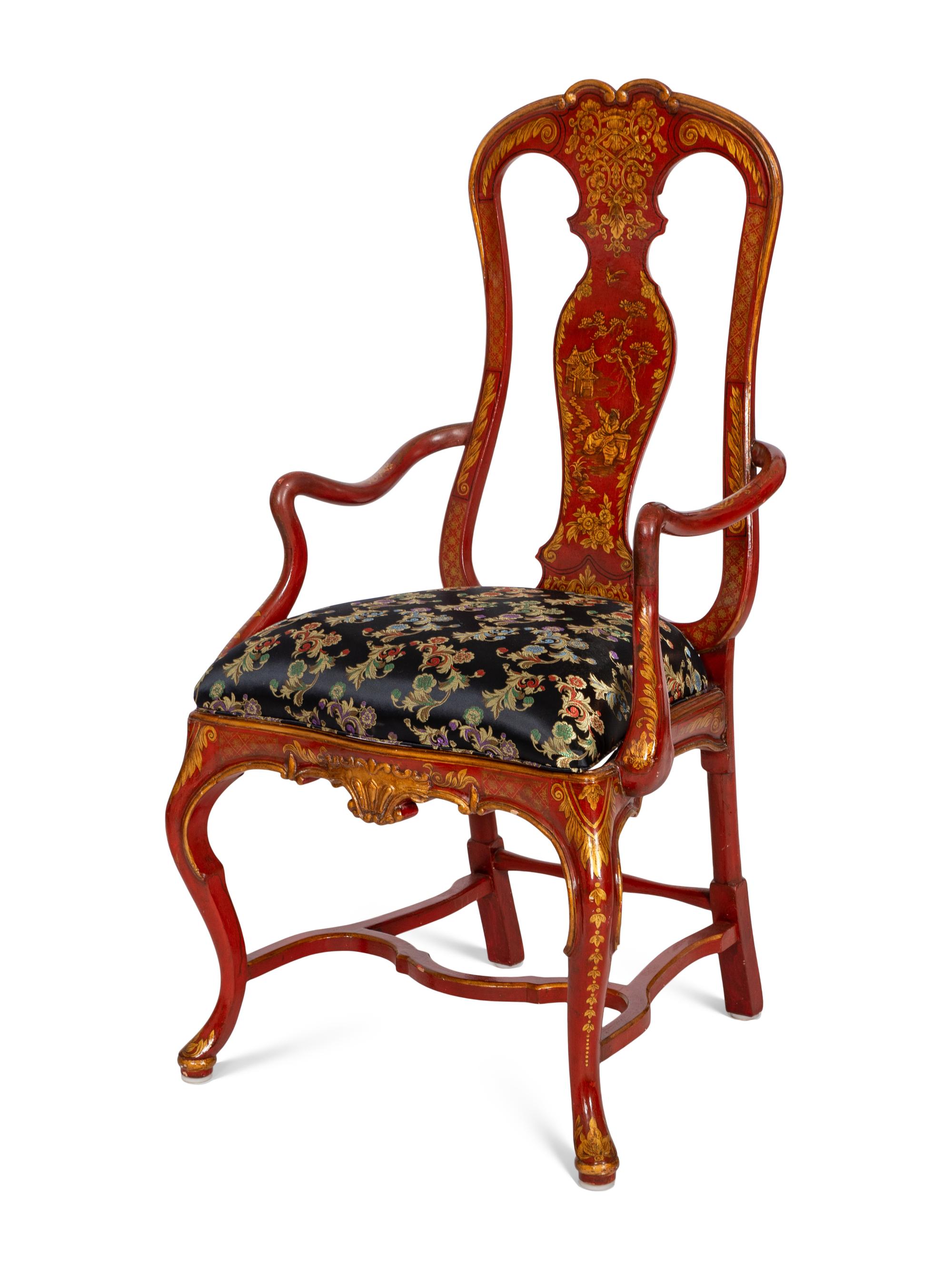 An Italian Rococo Style Red Japanned Armchair
