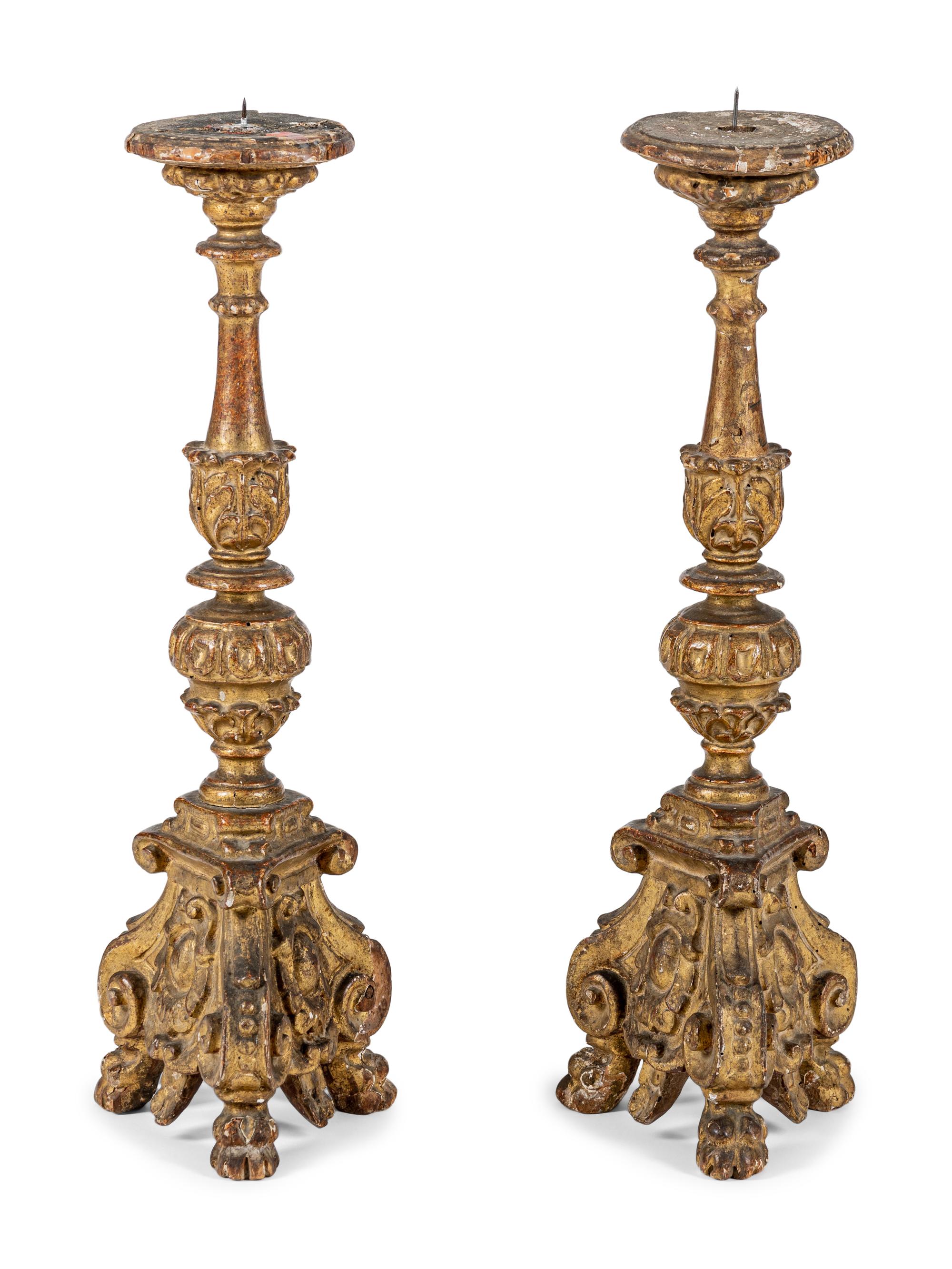 A Pair of Italian Baroque Giltwood Pricket Sticks