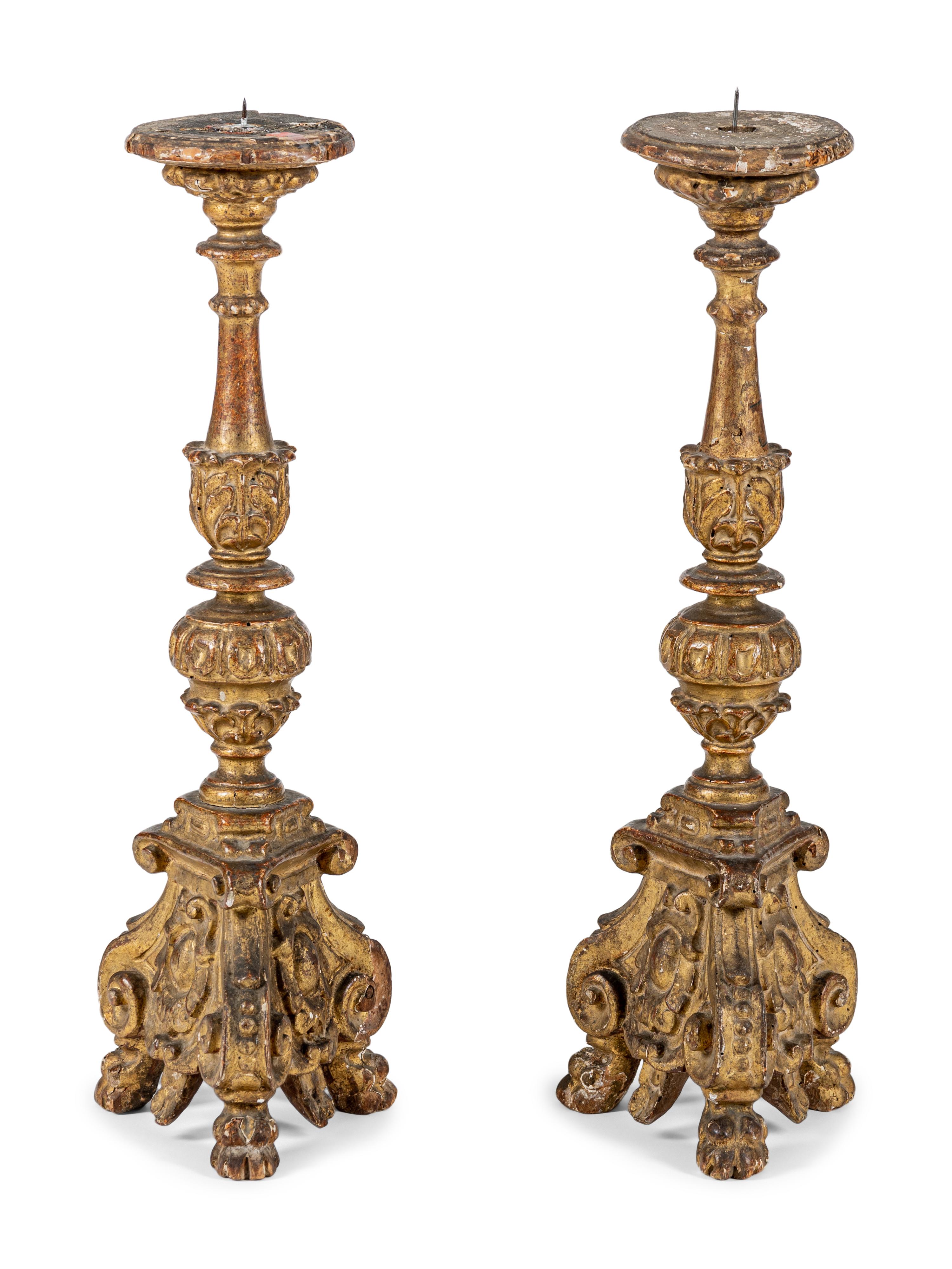 A Pair of Italian Baroque Giltwood Pricket Sticks