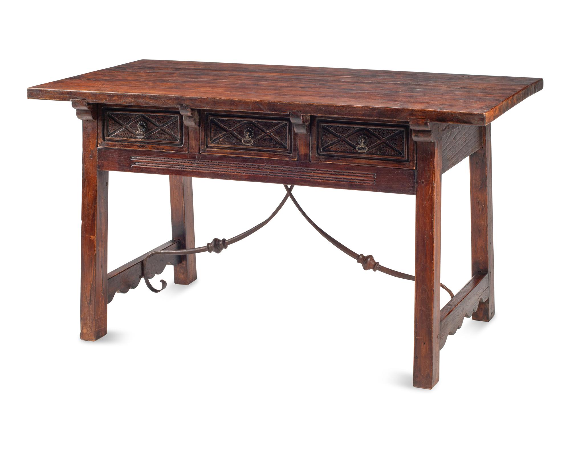 A Spanish Iron-Mounted Walnut Trestle Table
