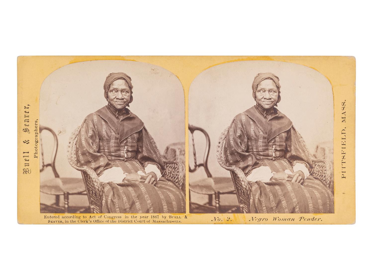 [EARLY PHOTOGRAPHY]. "Negro Woman Pender," stereoview with manuscript identification.