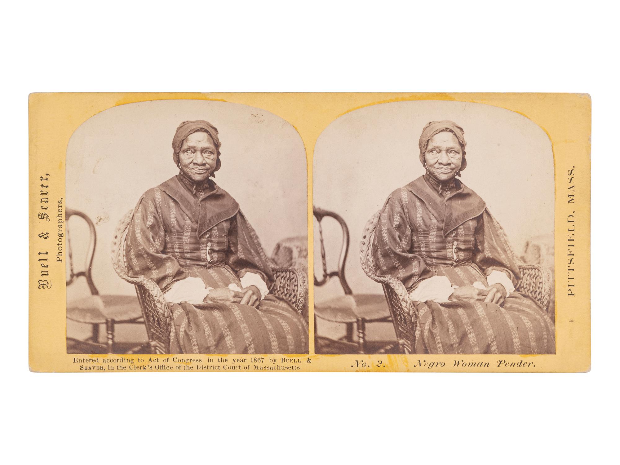 [EARLY PHOTOGRAPHY]. "Negro Woman Pender," stereoview with manuscript identification.