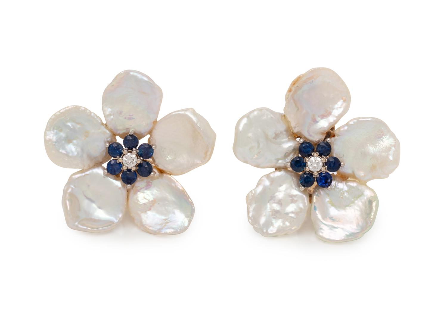 MAZ, CULTURED FRESHWATER PEARL, SAPPHIRE AND DIAMOND FLOWER EARCLIPS