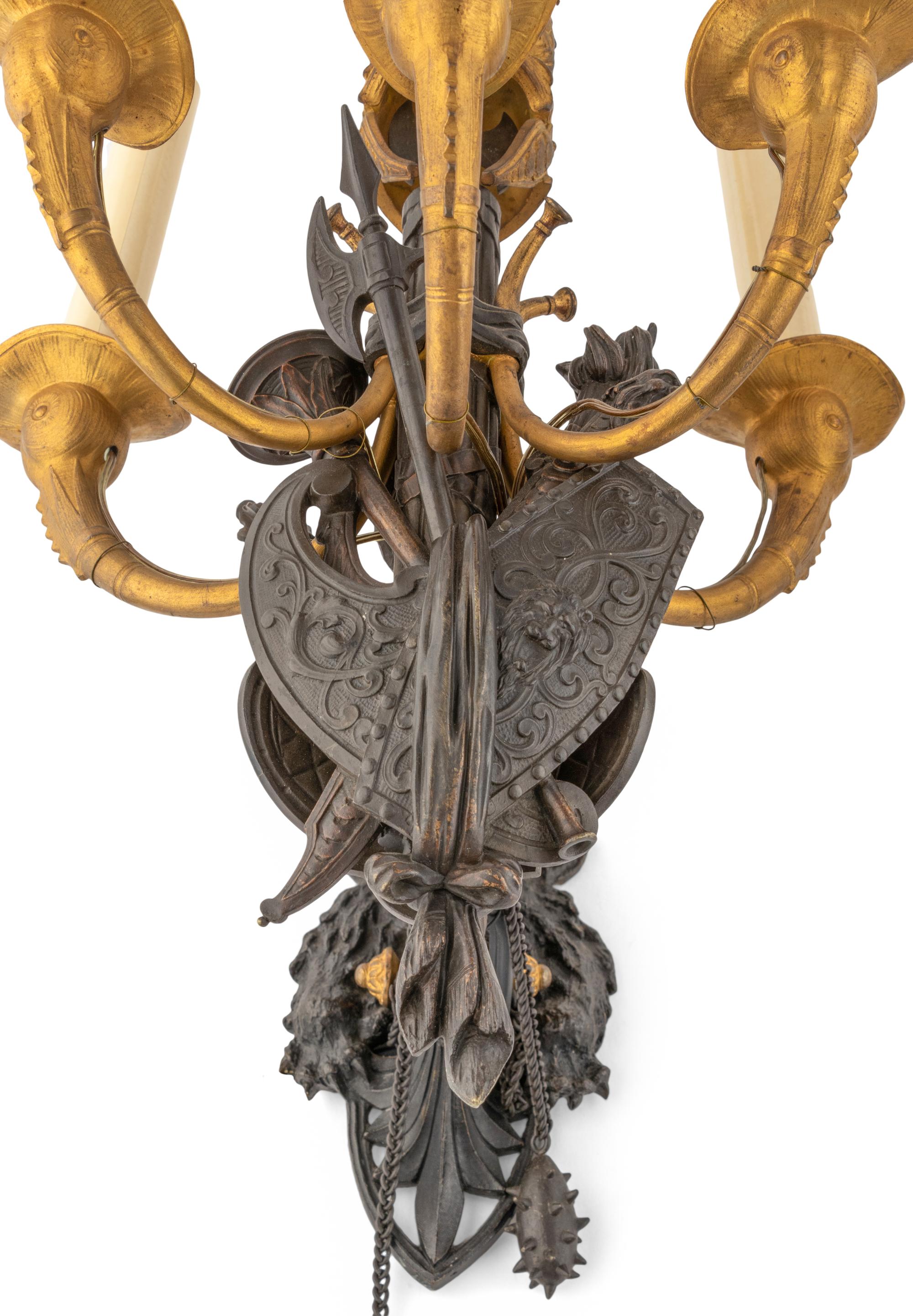 A Pair of French Neoclassical Gilt and Patinated Bronze Six-Light Wall Sconces