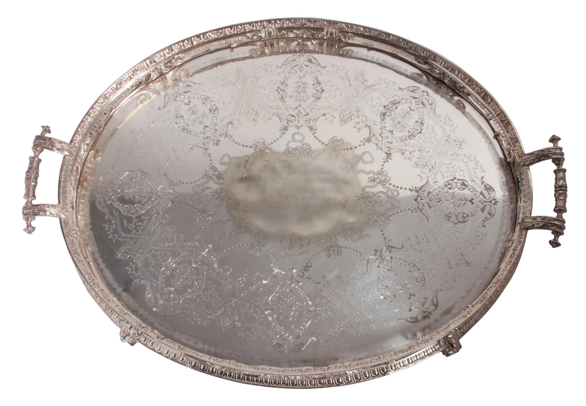 An English Silver-Plate Platter, Thomas Bradbury & Son, of oval, handled form and allover chased design, with openwork gallery, raised