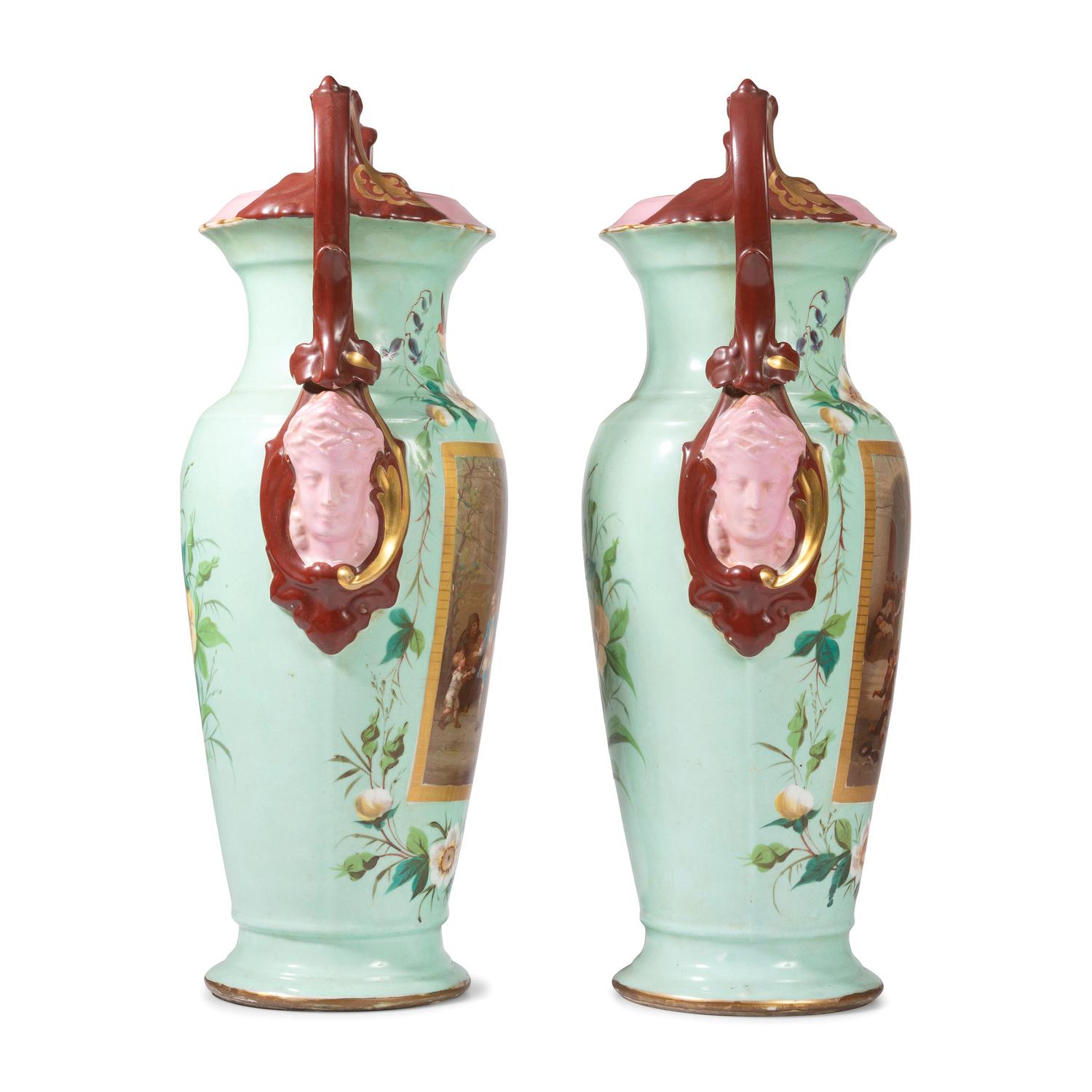 A Pair of Continental Porcelain Urns with Hand Painted and Transfer Decoration