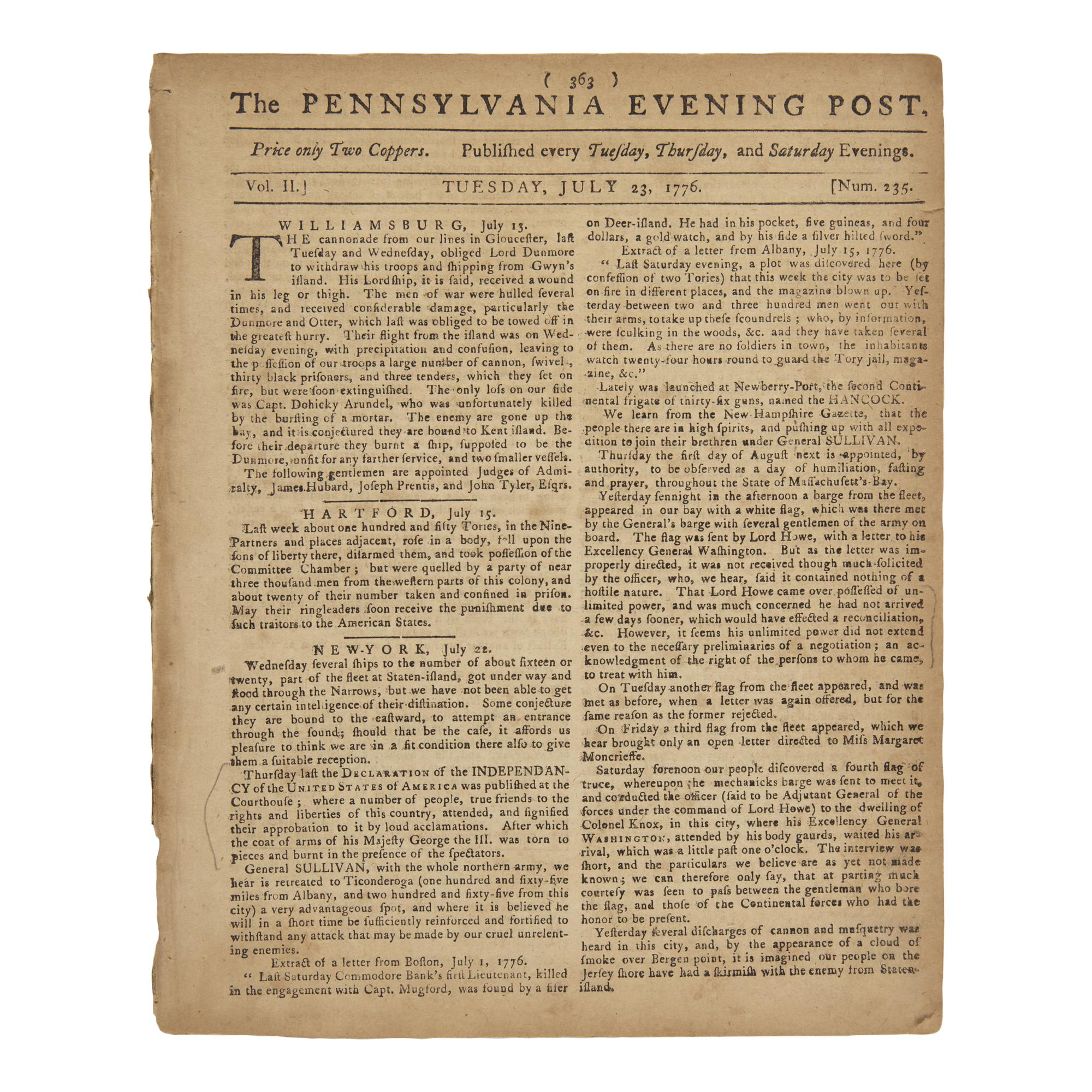 [Declaration of Independence] Rare Issue of the Pennsylvania Evening Post Reporting the Second Reading of the Declaration of Independence in New York City