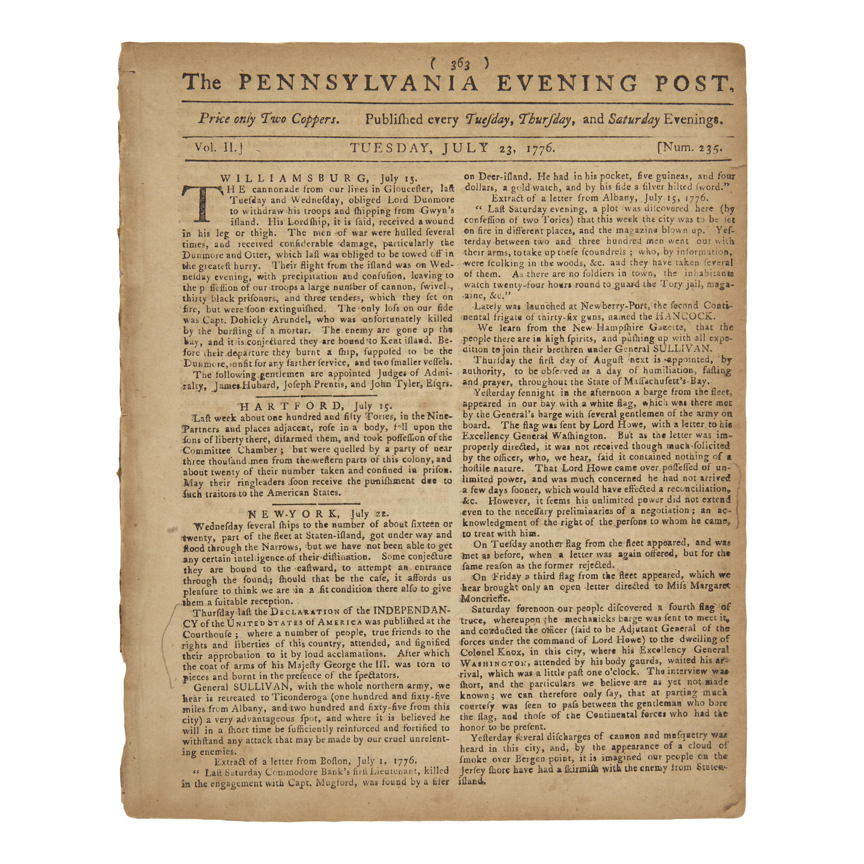 [Declaration of Independence] Rare Issue of the Pennsylvania Evening Post Reporting the Second Reading of the Declaration of Independence in New York City