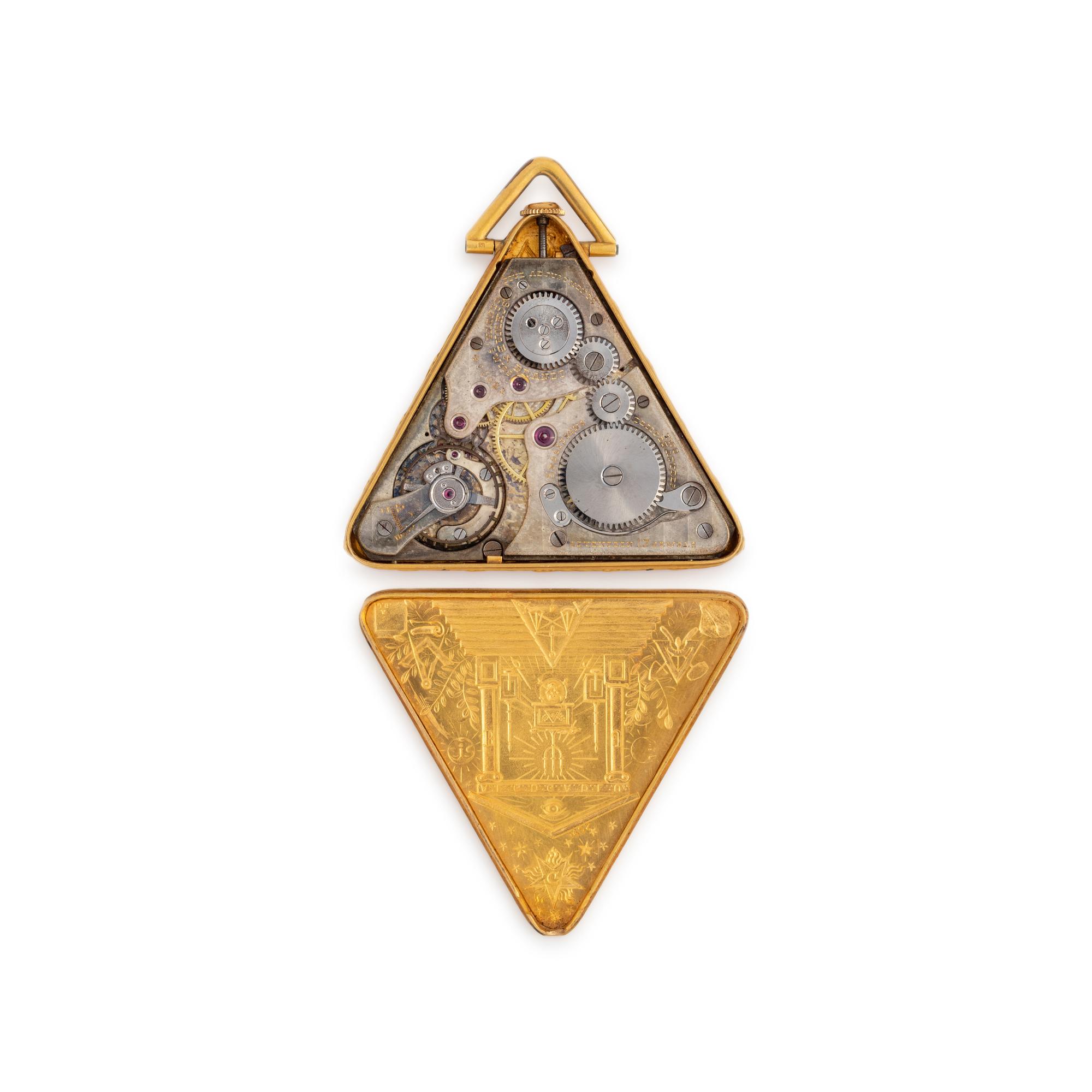 YELLOW GOLD MASONIC OPEN FACE POCKET WATCH AND FOB