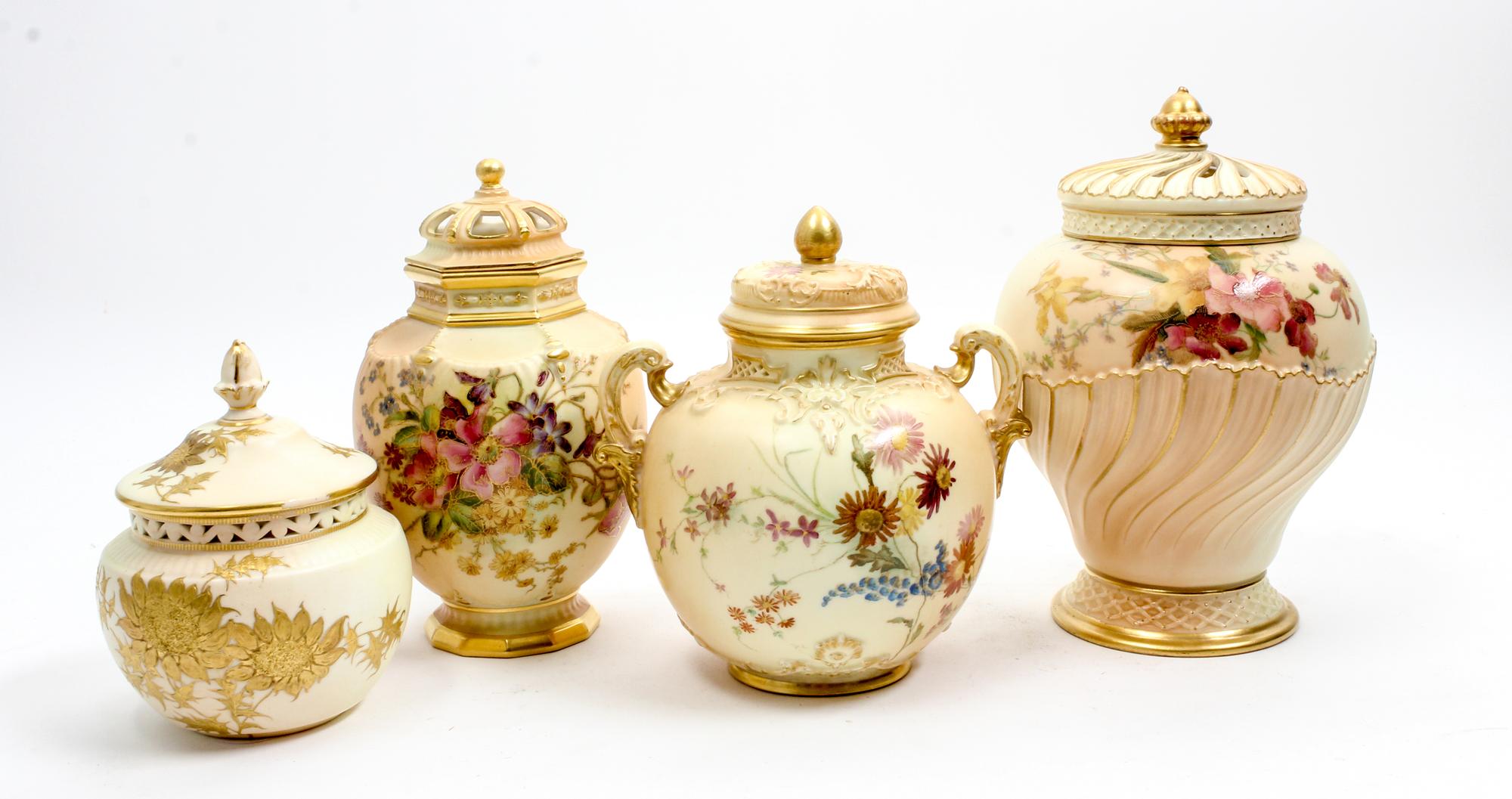 Three Royal Worcester Porcelain Covered Jars Height of tallest 8 1/4 inches. — 1893, 1901 AND 1912