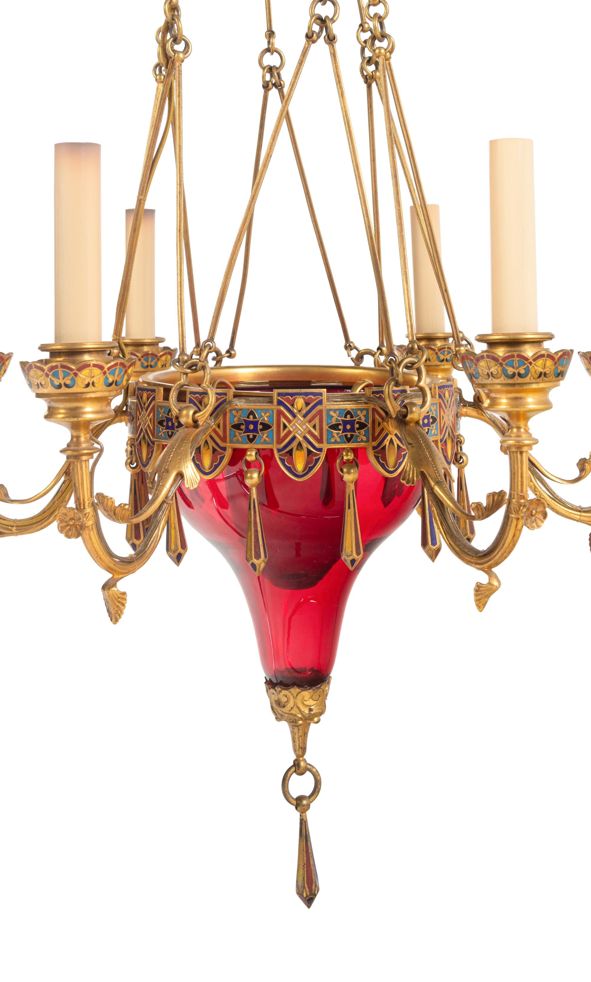A Bohemian Champlevé Enamel, Gilt Bronze and Ruby Glass Six-Light Chandelier