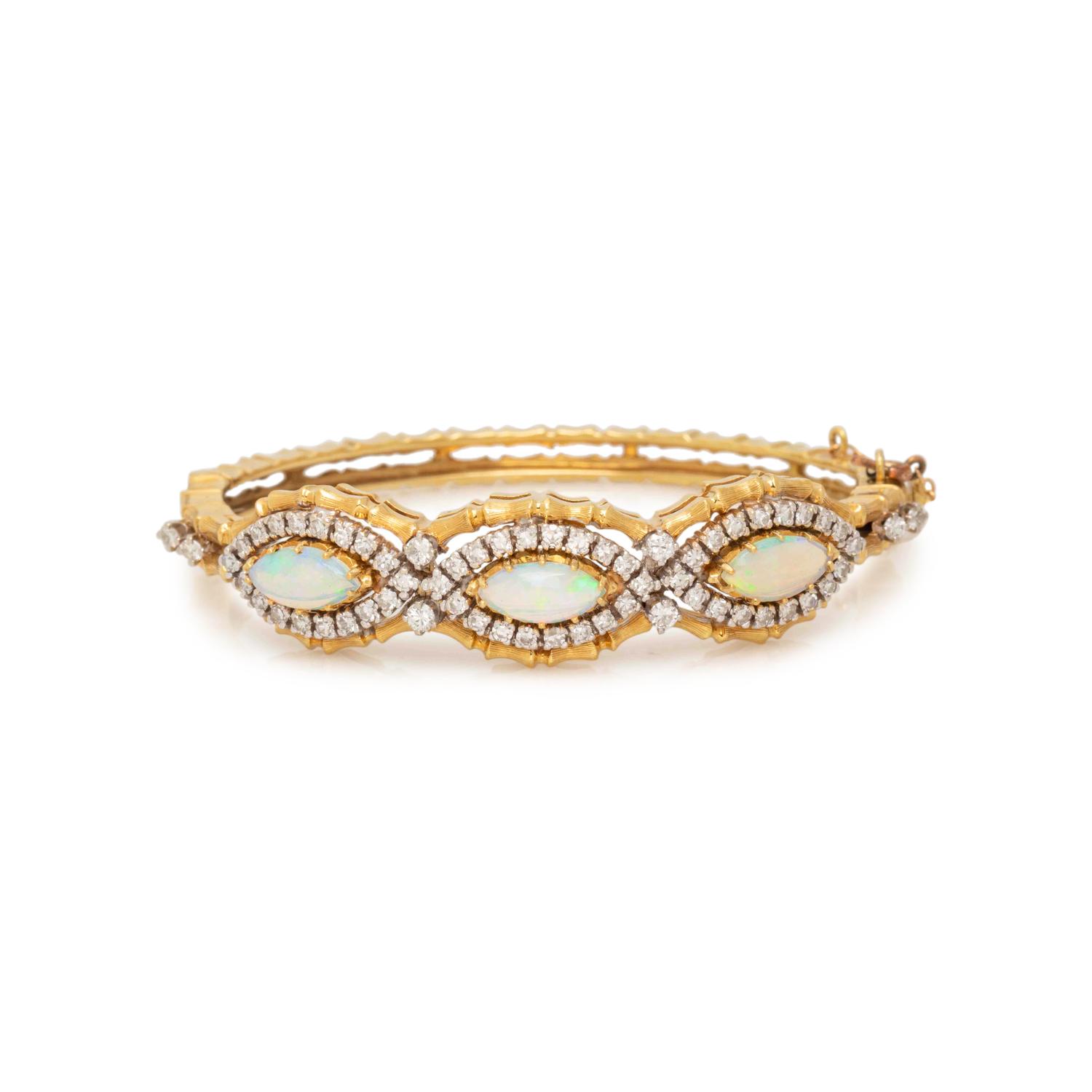 YELLOW GOLD, OPAL AND DIAMOND BANGLE BRACELET