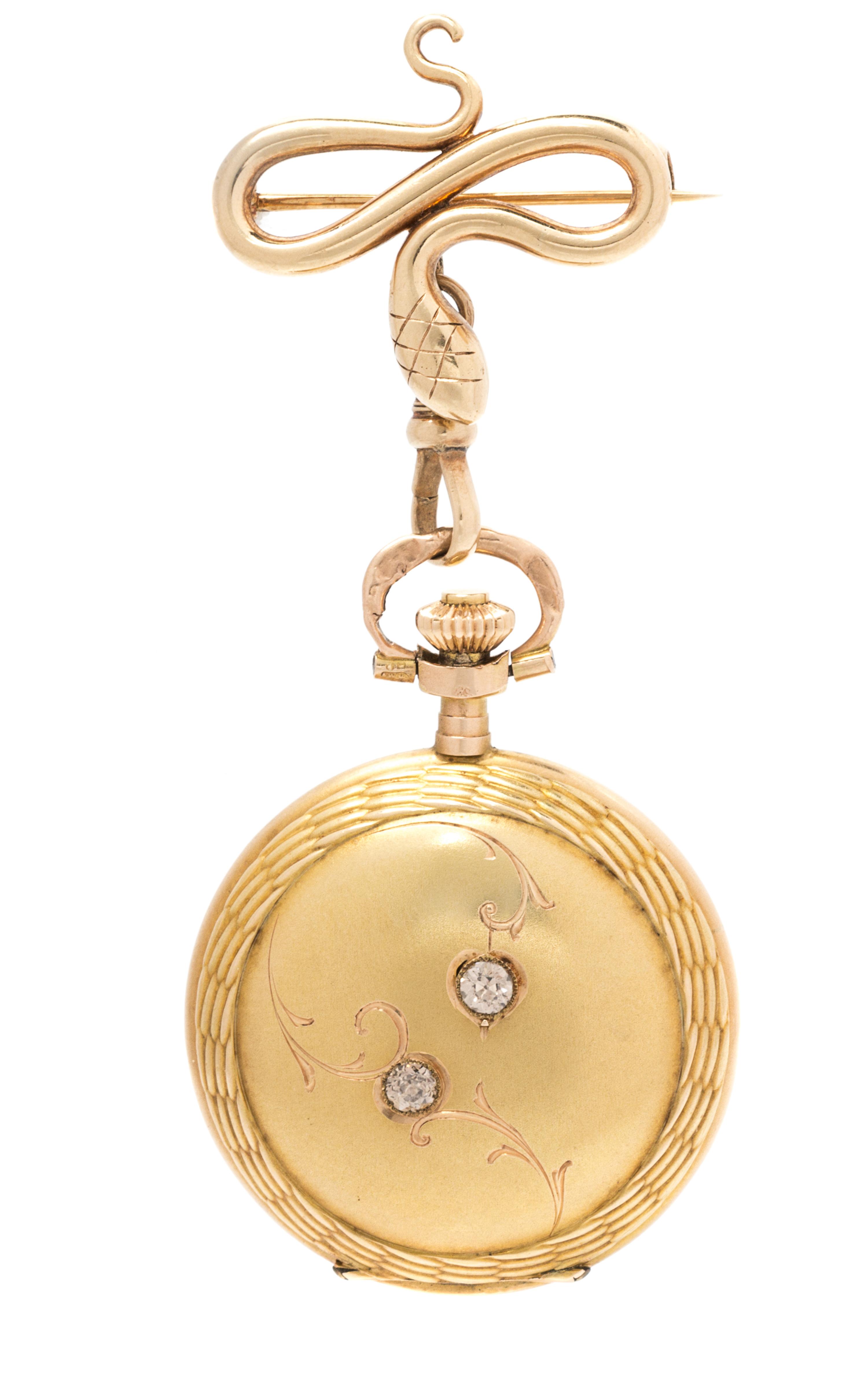 A 14 Karat Yellow Gold and Diamond Hunter Case Lapel Watch, 14.50 dwts.