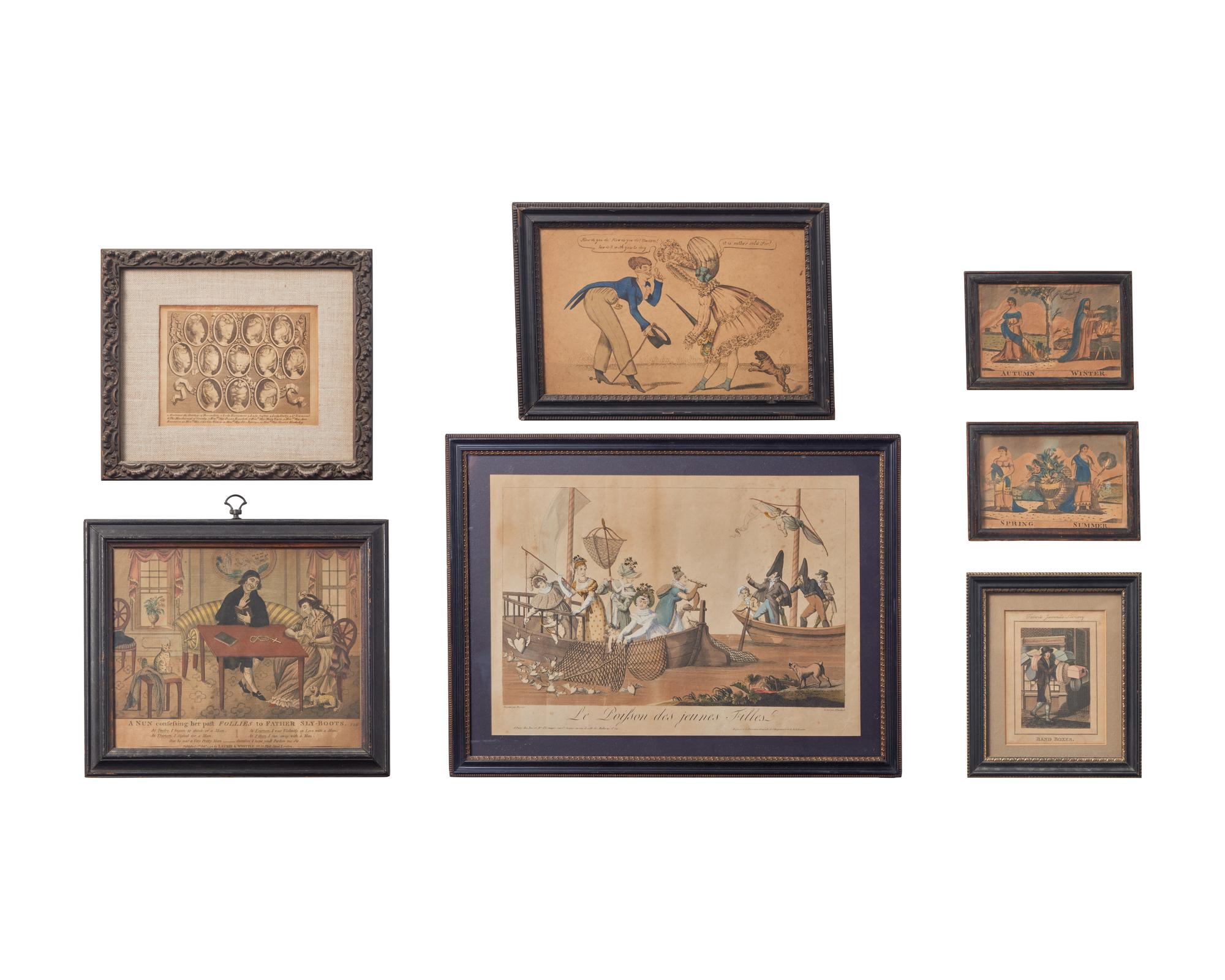A collection of seven humorous and satirical engravings or etchings, English and French, 18th / early 19th century